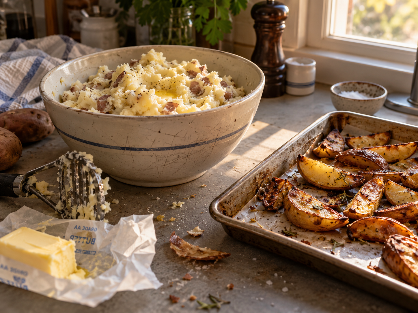 A bowl of mashed potatoes beside a tray of browned roasted potato wedges