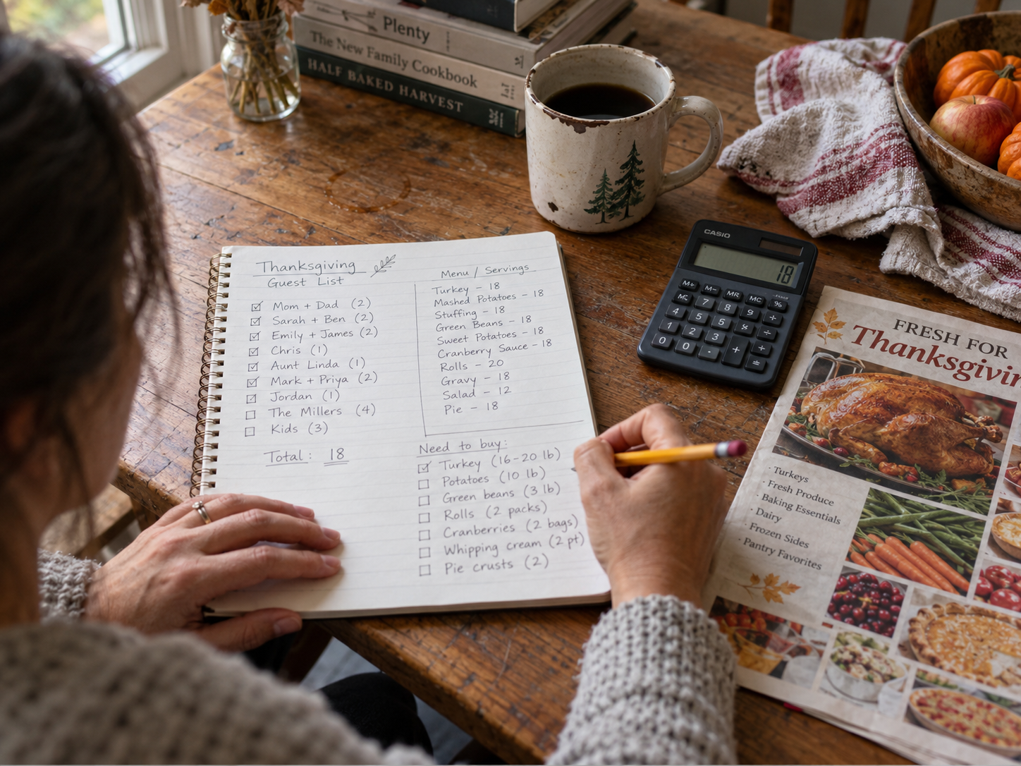 A person writing a Thanksgiving guest list and shopping plan beside a calculator and grocery flyer
