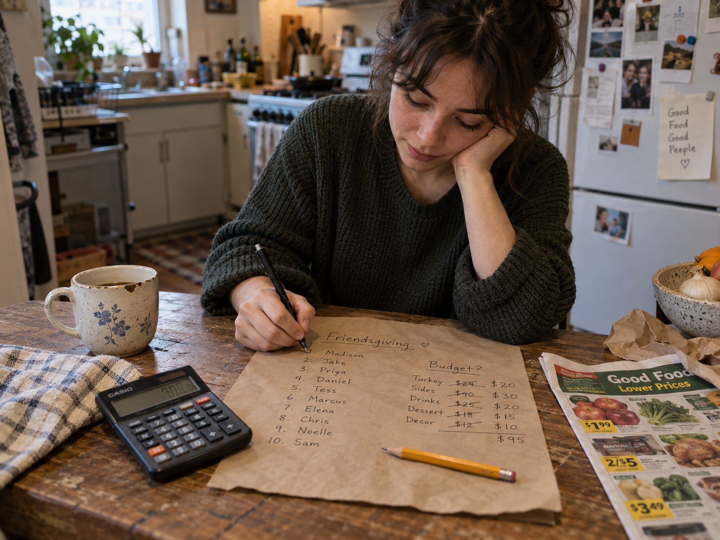 Person planning a Friendsgiving budget with a handwritten guest list, calculator and grocery flyer at a kitchen table