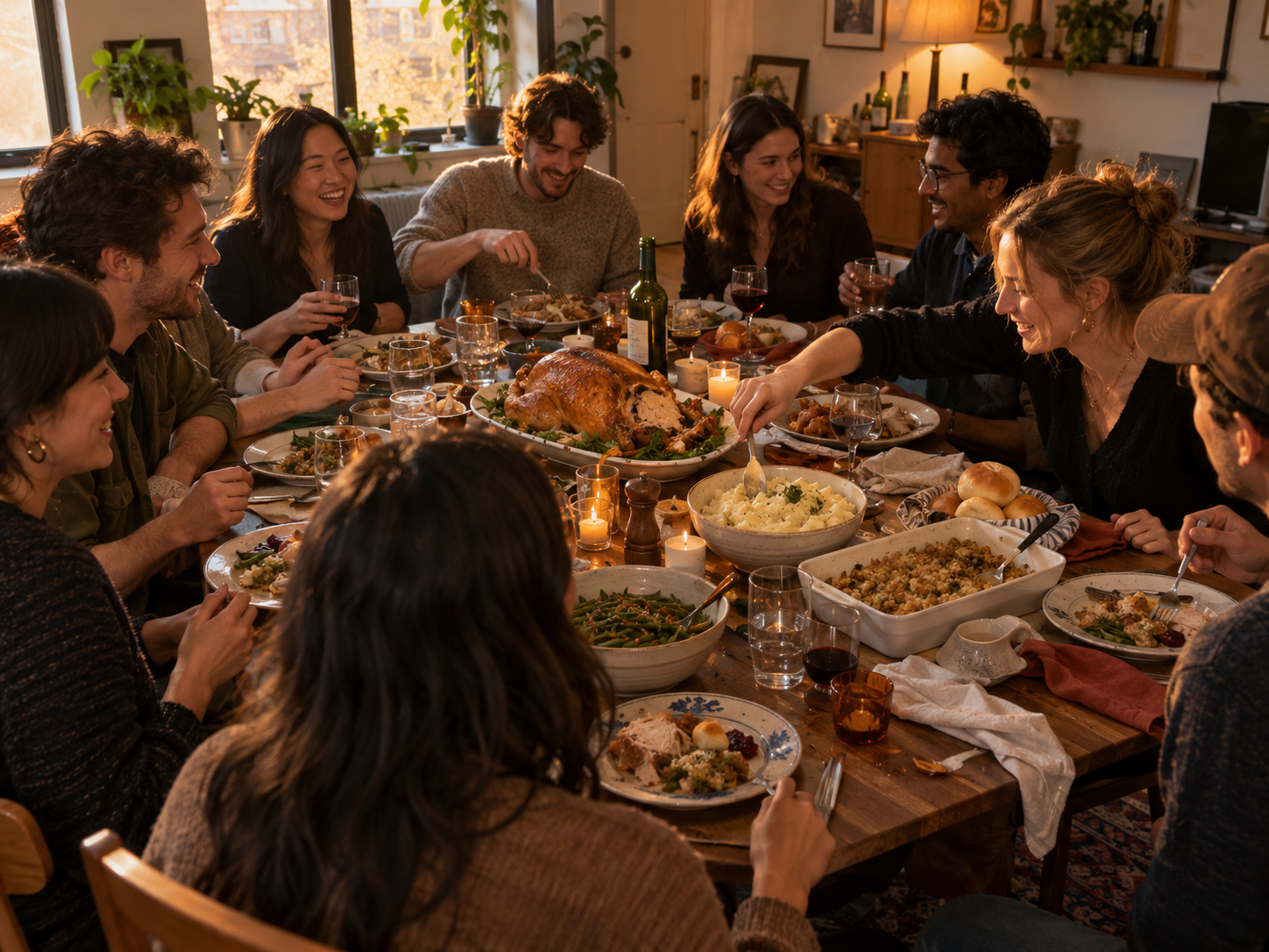 Friends sharing a Friendsgiving potluck dinner with turkey, potatoes, vegetables and rolls around a home dining table