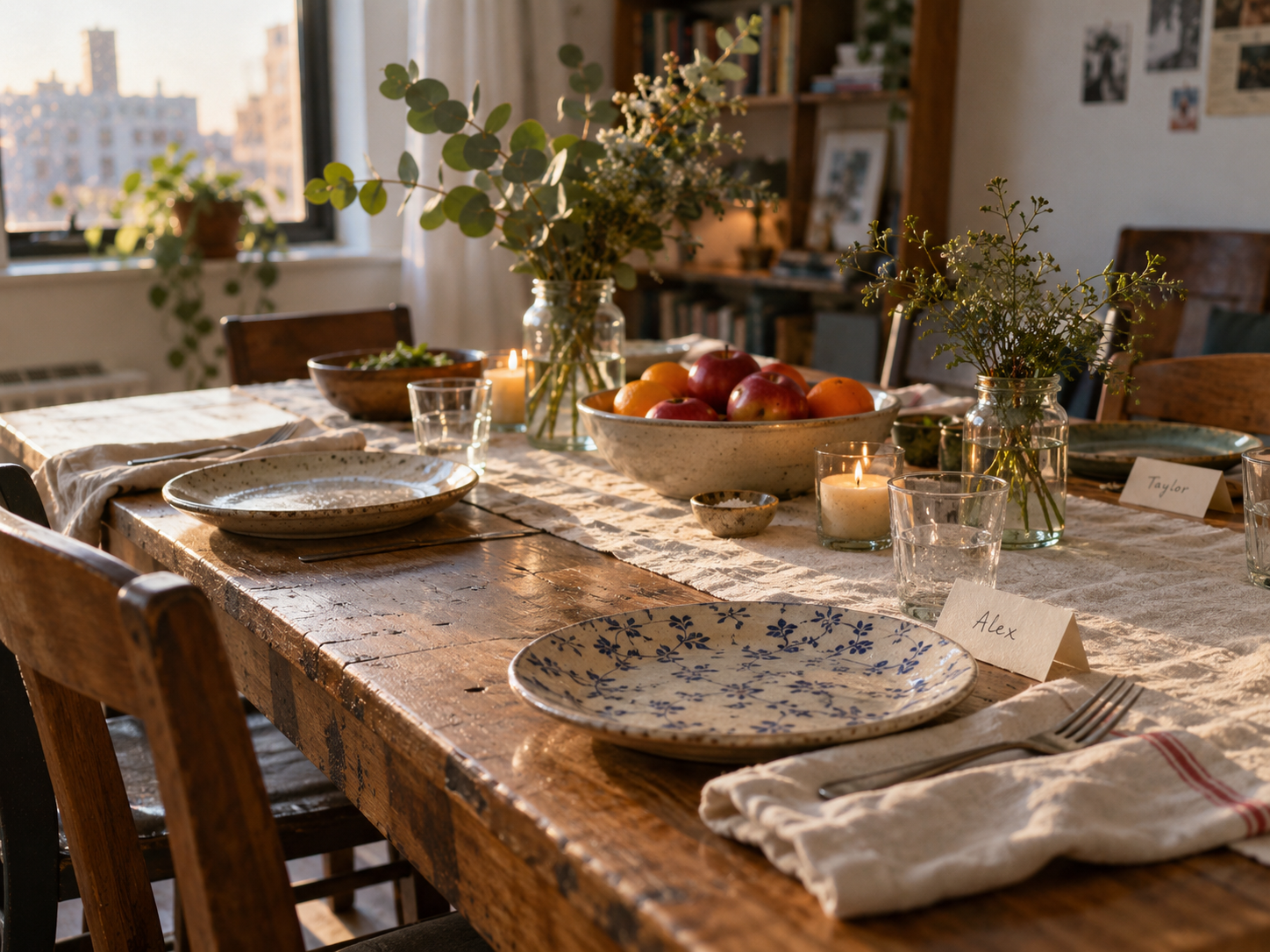 Friendsgiving table set with mismatched plates, a bowl of fruit and reused jars filled with greenery