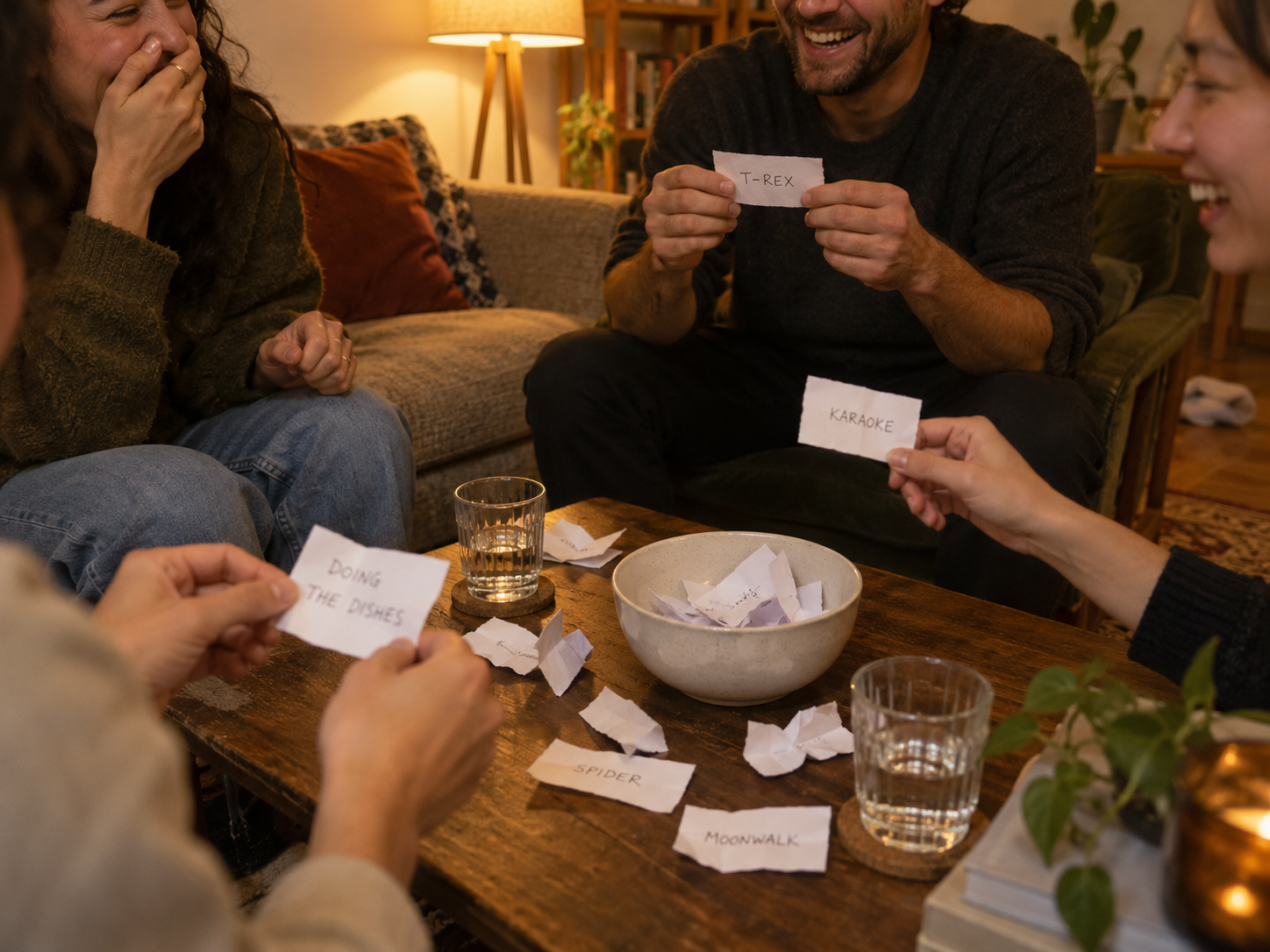 Friends laughing around a coffee table while playing a game with paper slips and a bowl