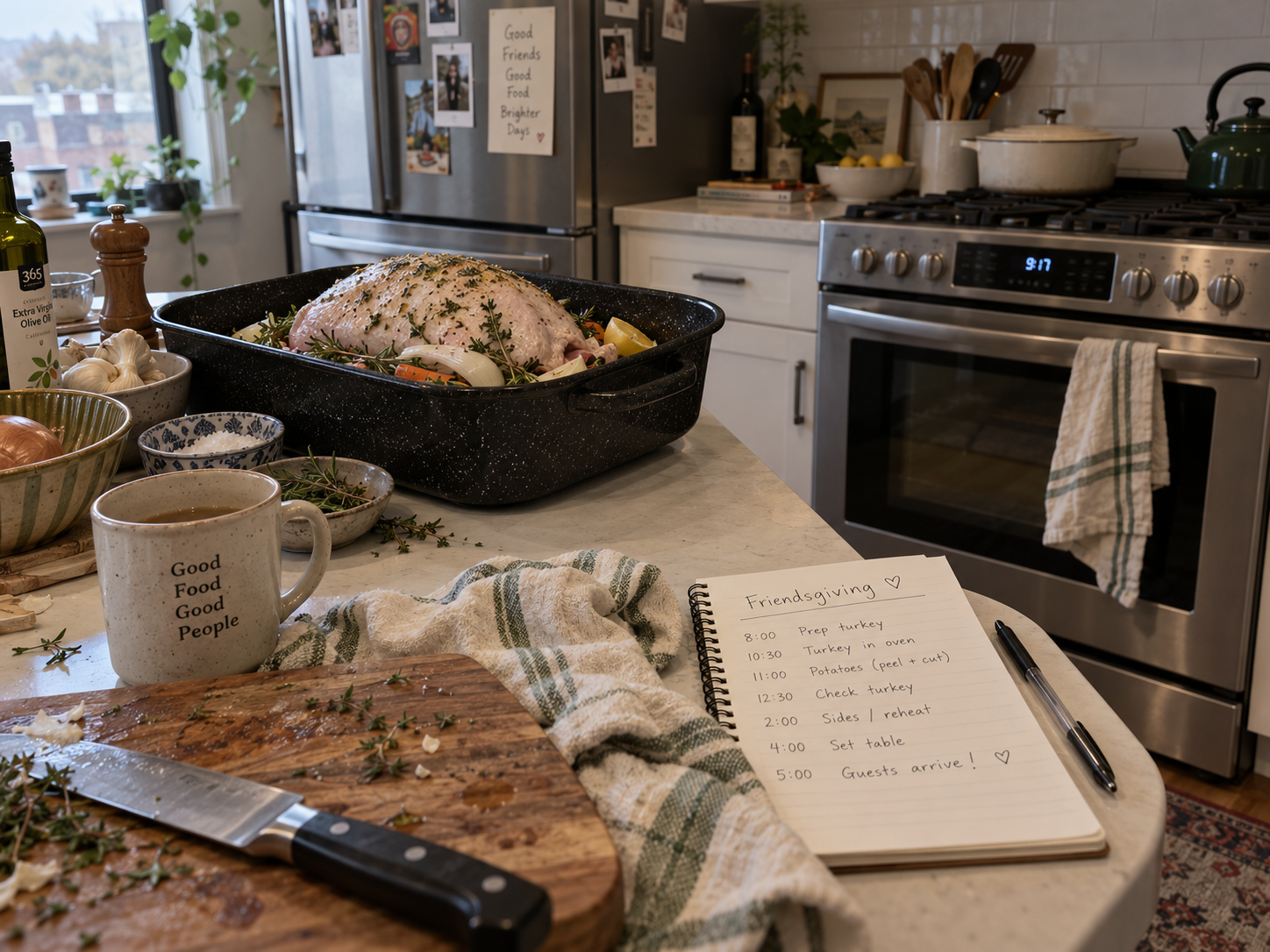 Turkey in a roasting pan beside a handwritten Friendsgiving cooking schedule in a home kitchen