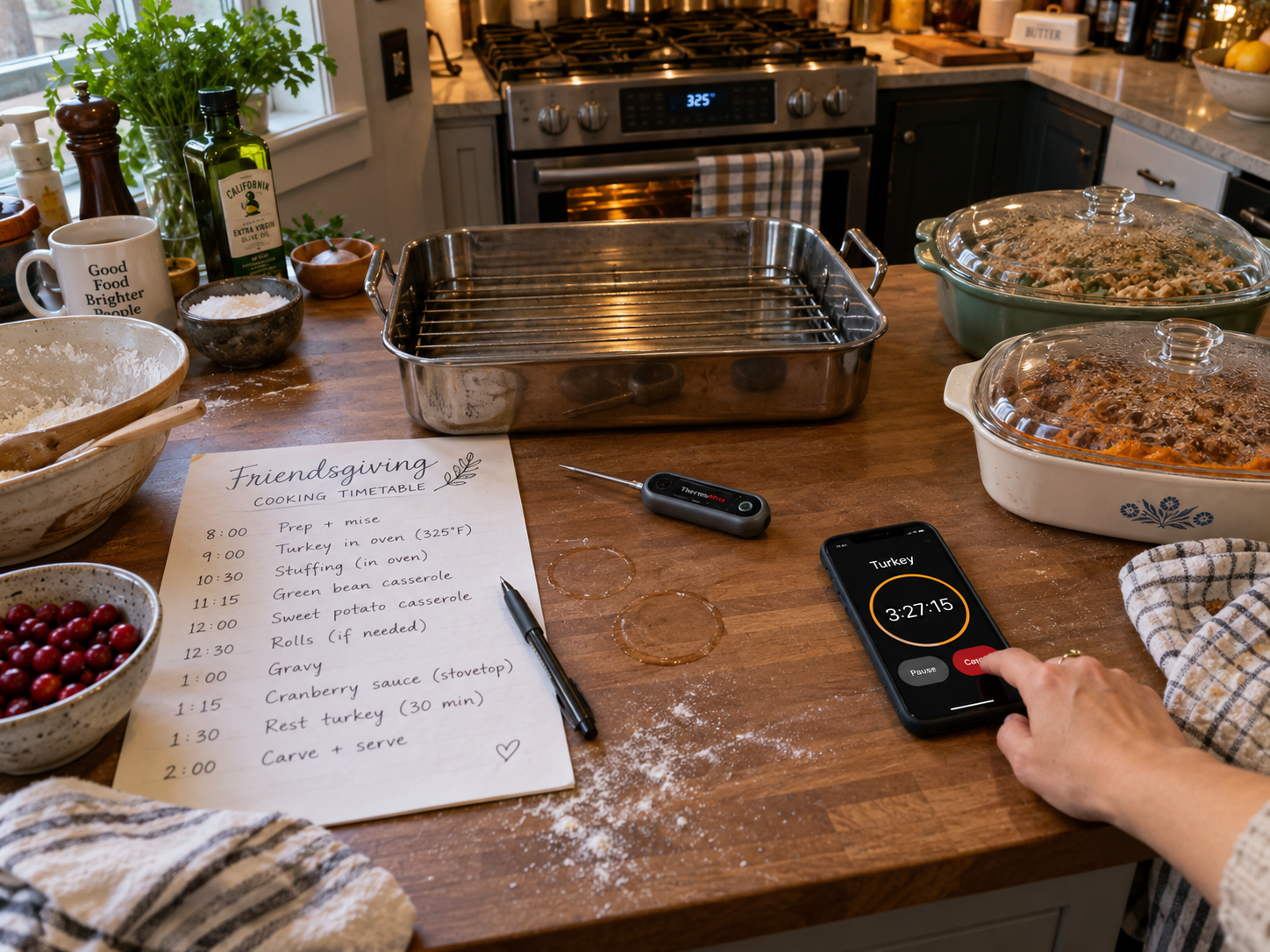 Handwritten cooking timeline beside a digital thermometer, roasting pan and phone timer on a kitchen counter