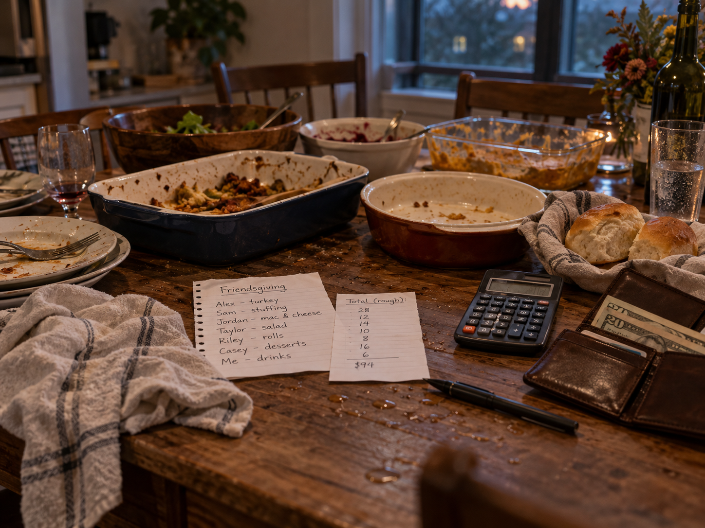 Used casserole dishes and leftover rolls beside a calculator, contribution notes and wallet after Friendsgiving dinner