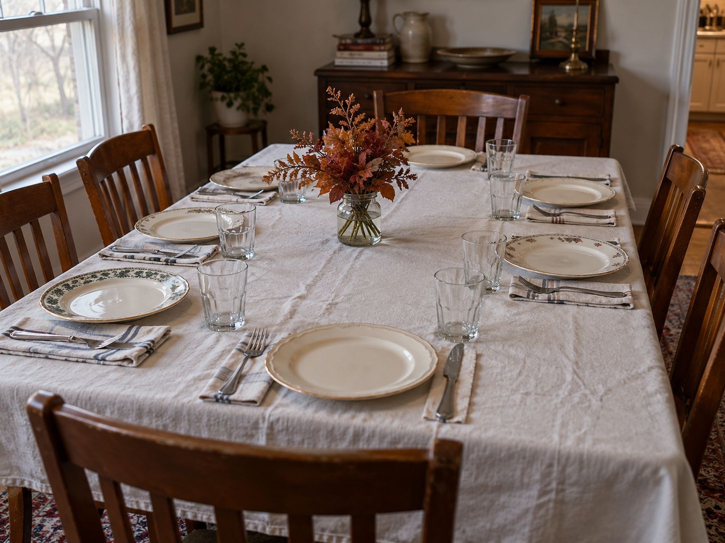 Thanksgiving dining table with ivory plates, clear glasses, a white cloth and a short vase of rust-colored faux leaves