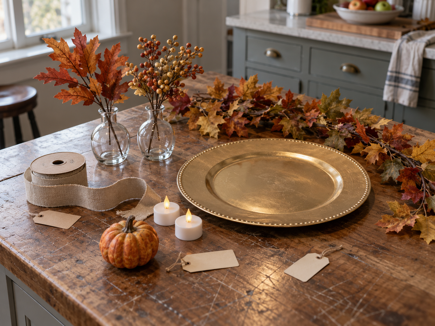 Glass vases, faux fall stems, leaf garland, beige ribbon, LED tealights, a gold charger and a small pumpkin on a kitchen counter