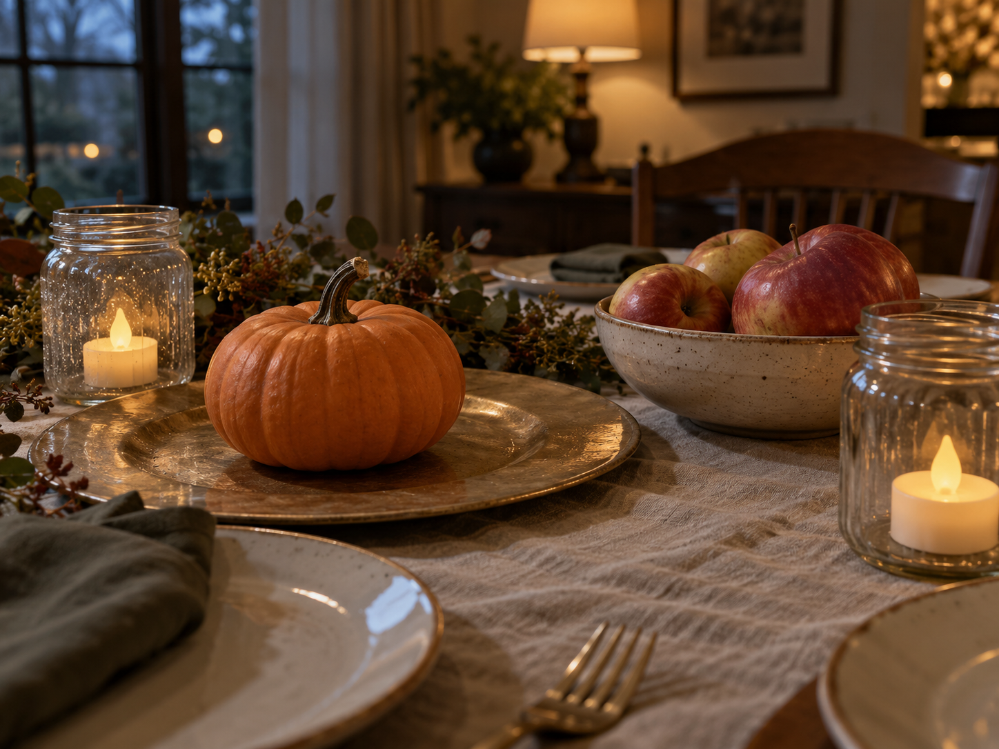 Small orange pumpkin on a gold charger beside a bowl of apples and jars holding flameless tealights