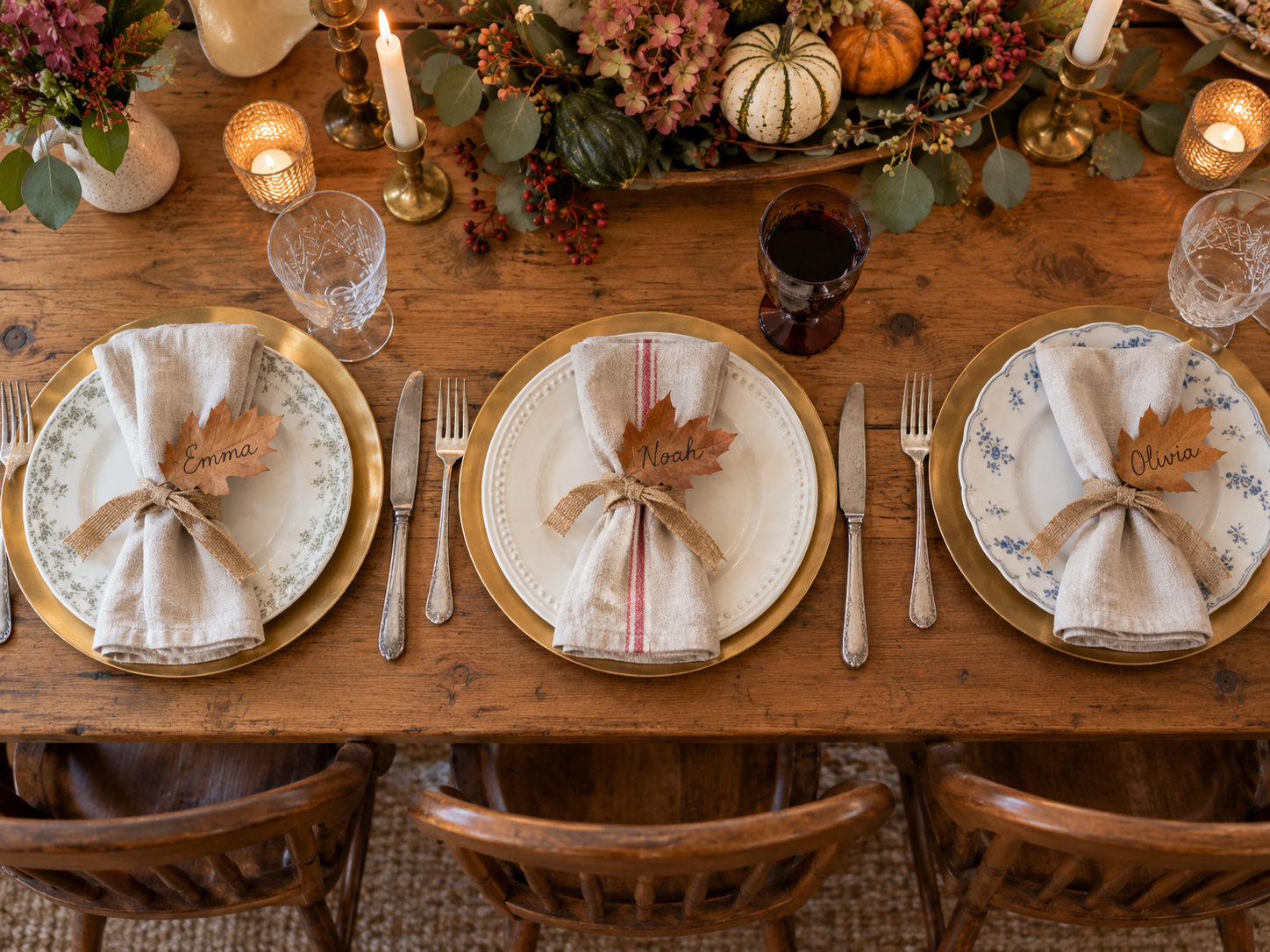 Three Thanksgiving place settings showing ribbon-tied napkins, paper leaf name cards and gold chargers under white dinner plates