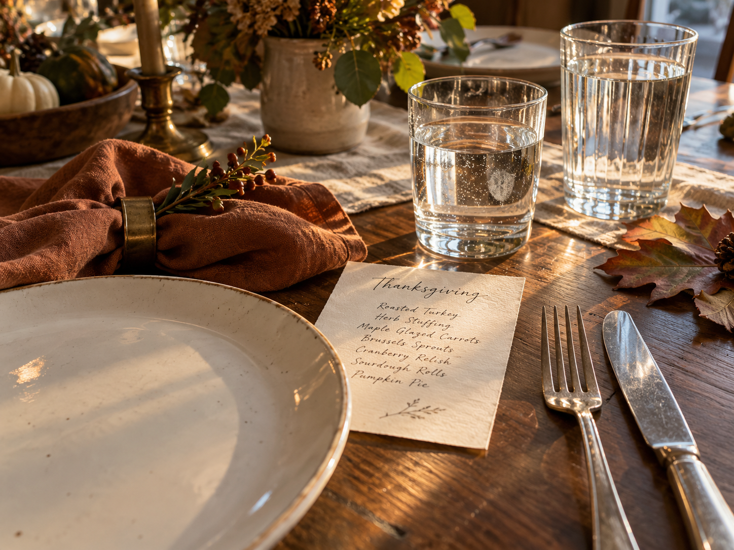 White dinner plate beside a napkin, trimmed faux leaf, handwritten menu card and two mismatched clear water glasses