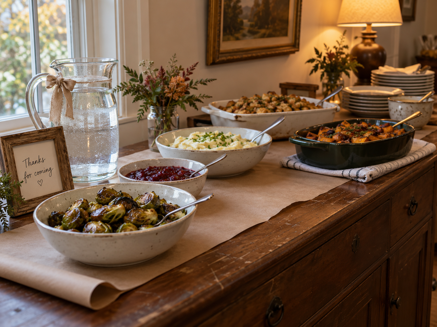 Thanksgiving buffet with a kraft paper runner, water pitcher tied with ribbon and a framed handwritten thank-you note