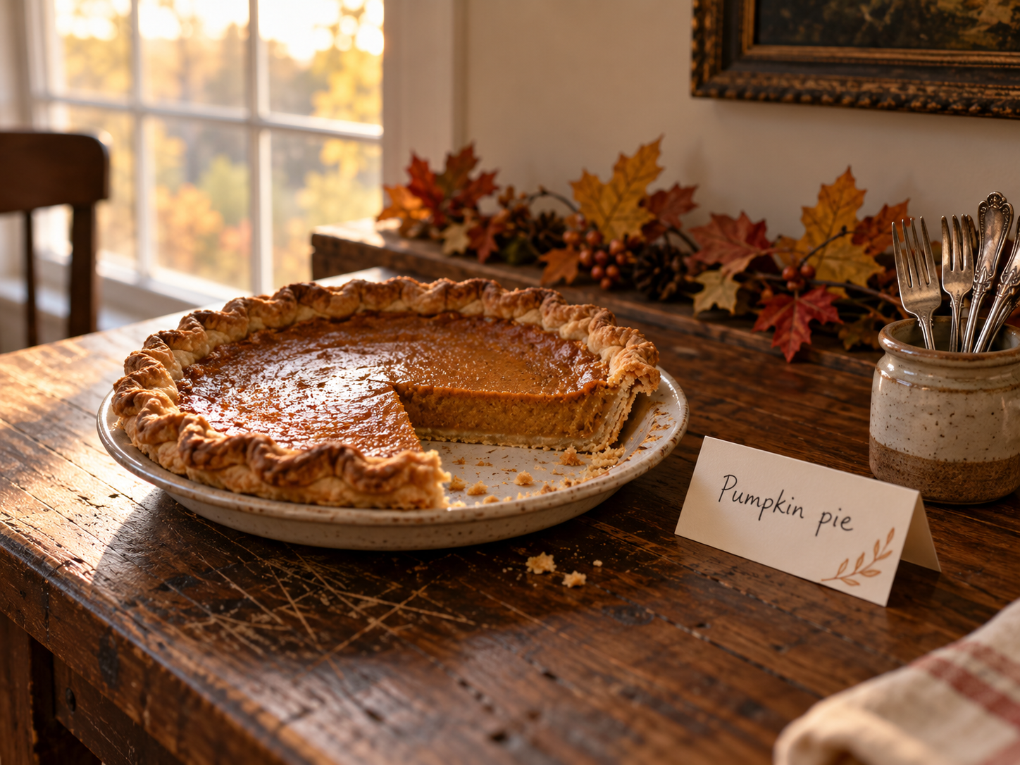 Pumpkin pie on a side table with dessert forks in a jar, a handwritten label and autumn leaf garland behind the food
