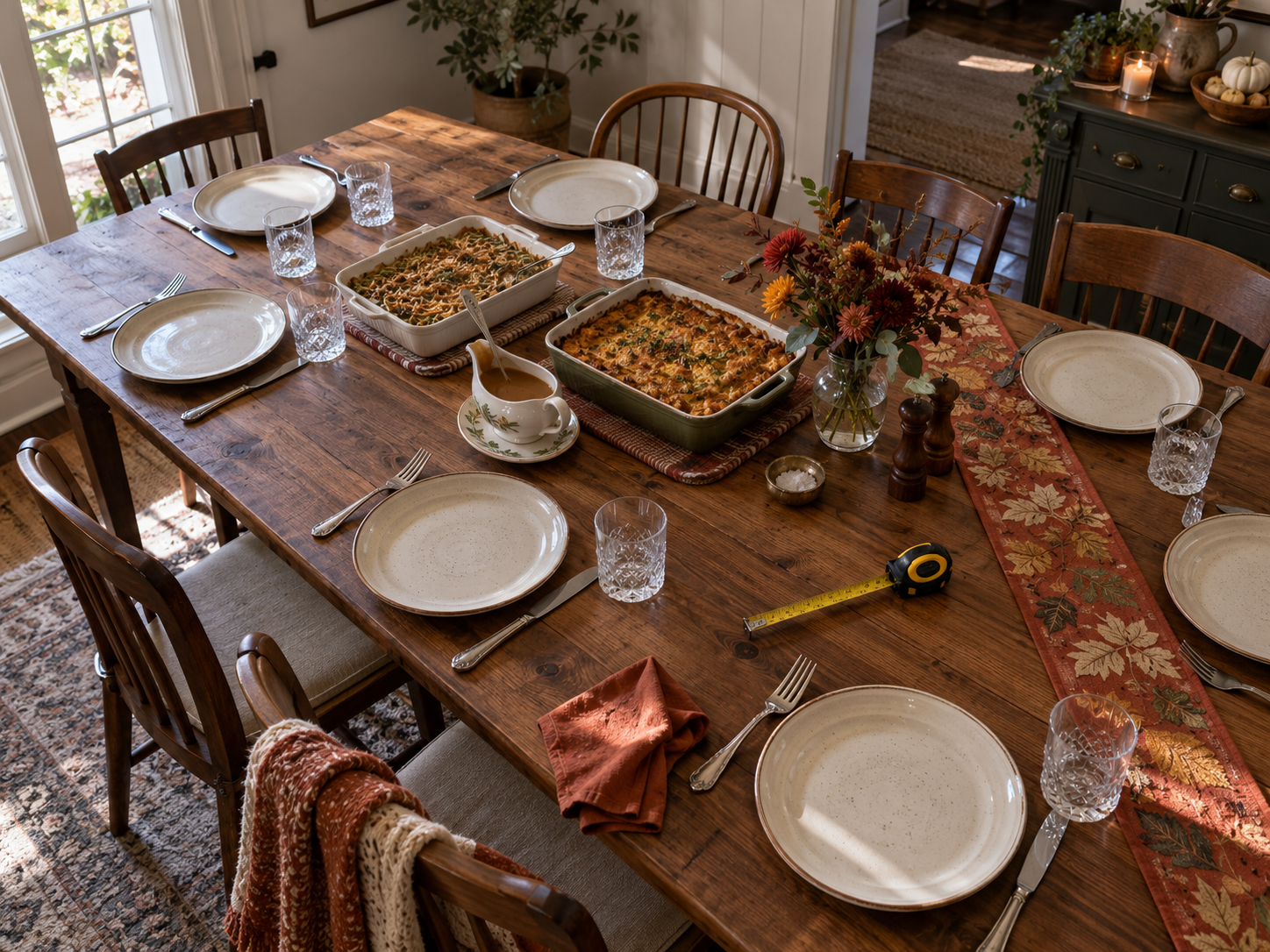Thanksgiving table with casseroles and a gravy boat in the center, low fall decor, place settings and a measuring tape