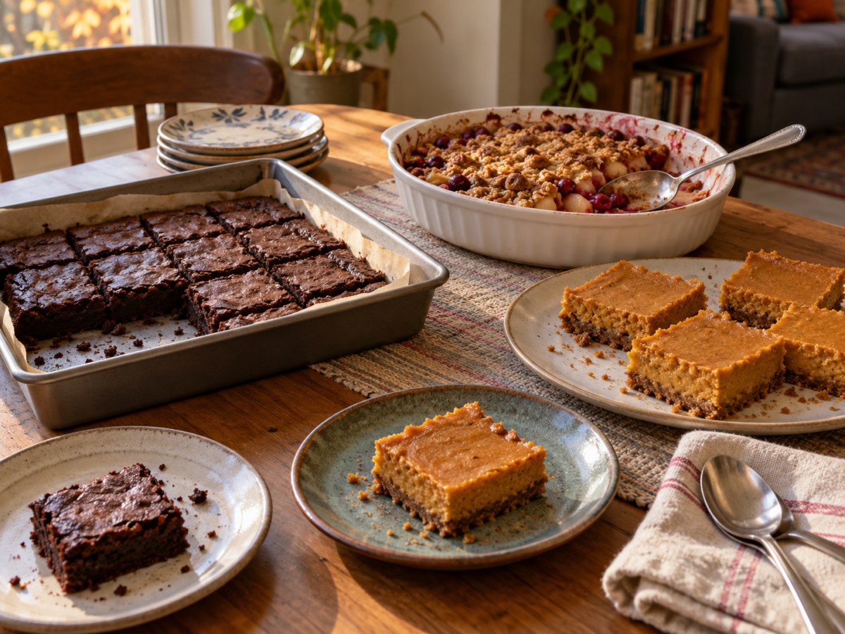 Brownies, pumpkin custard bars and pear-cranberry crisp on a modest Thanksgiving dessert table