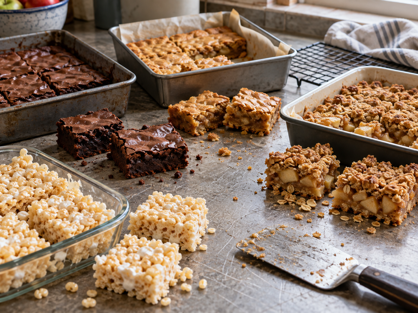 Brownies, blondies, apple crumble bars and marshmallow cereal treats beside reusable baking pans