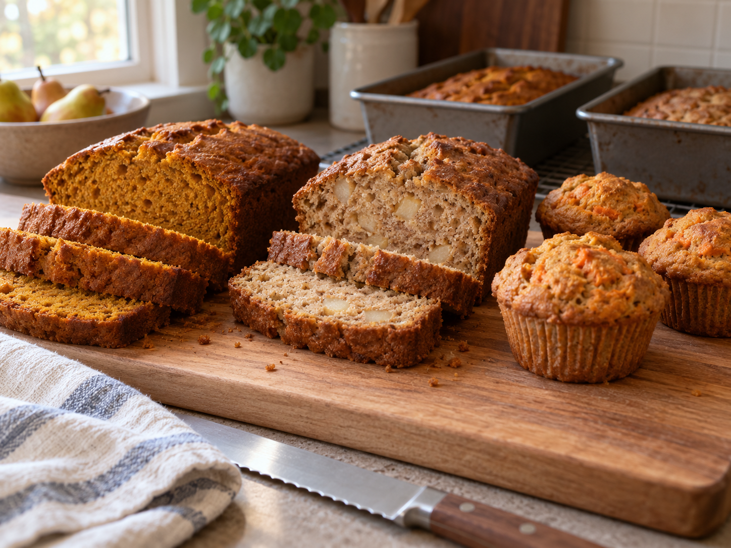 Sliced pumpkin and pear quick breads with plain carrot and sweet-potato muffins on a wooden board