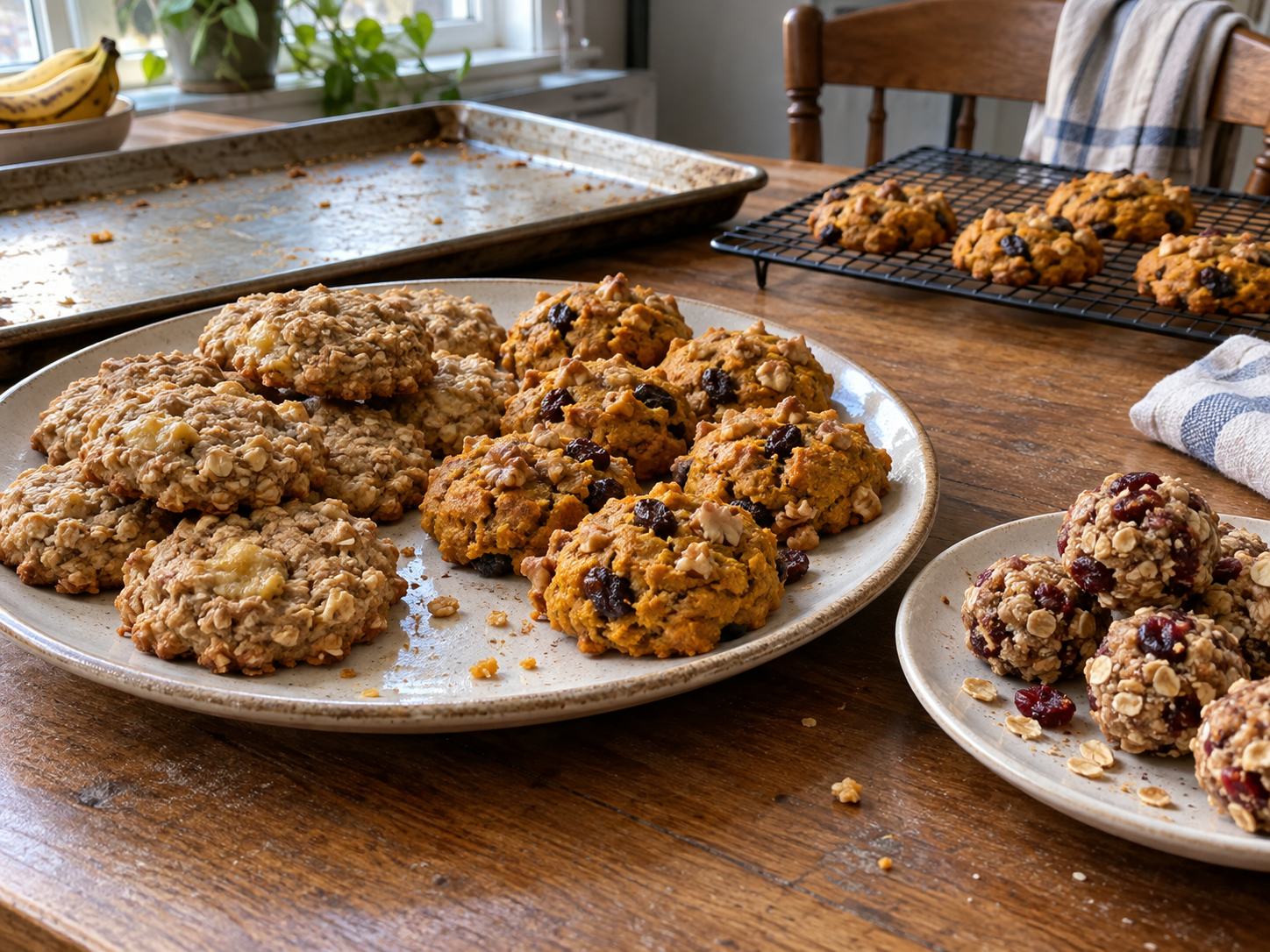 Banana oatmeal cookies and pumpkin cookies on a platter with a separate plate of cranberry oatmeal balls