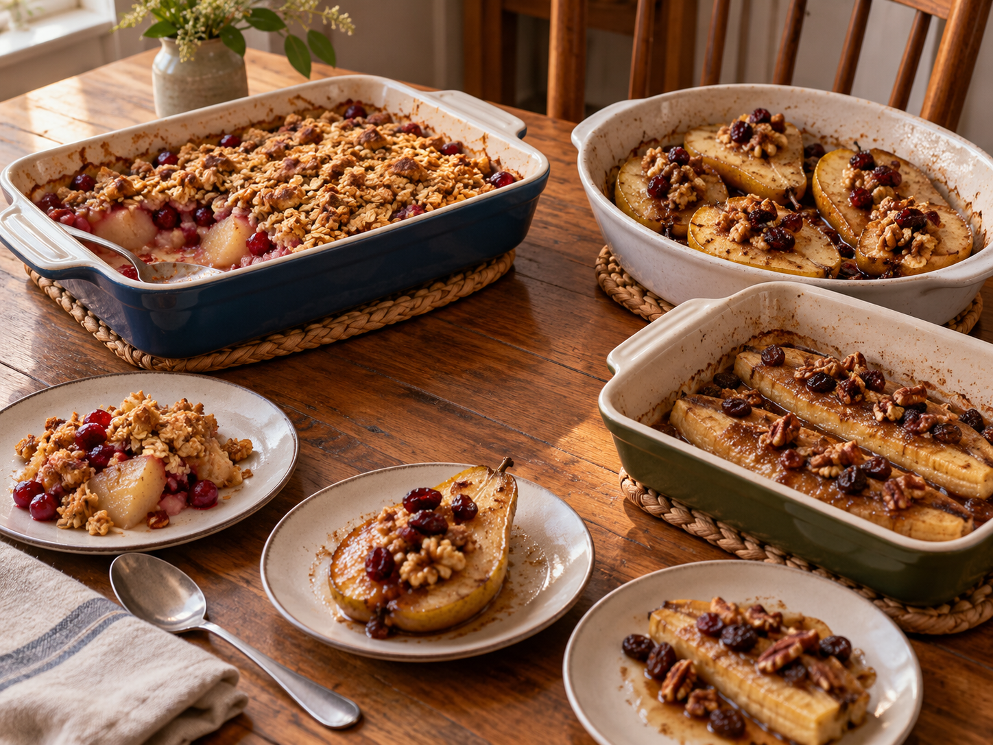 Pear and cranberry crisp, baked pear halves and baked bananas with nuts in ordinary oven dishes