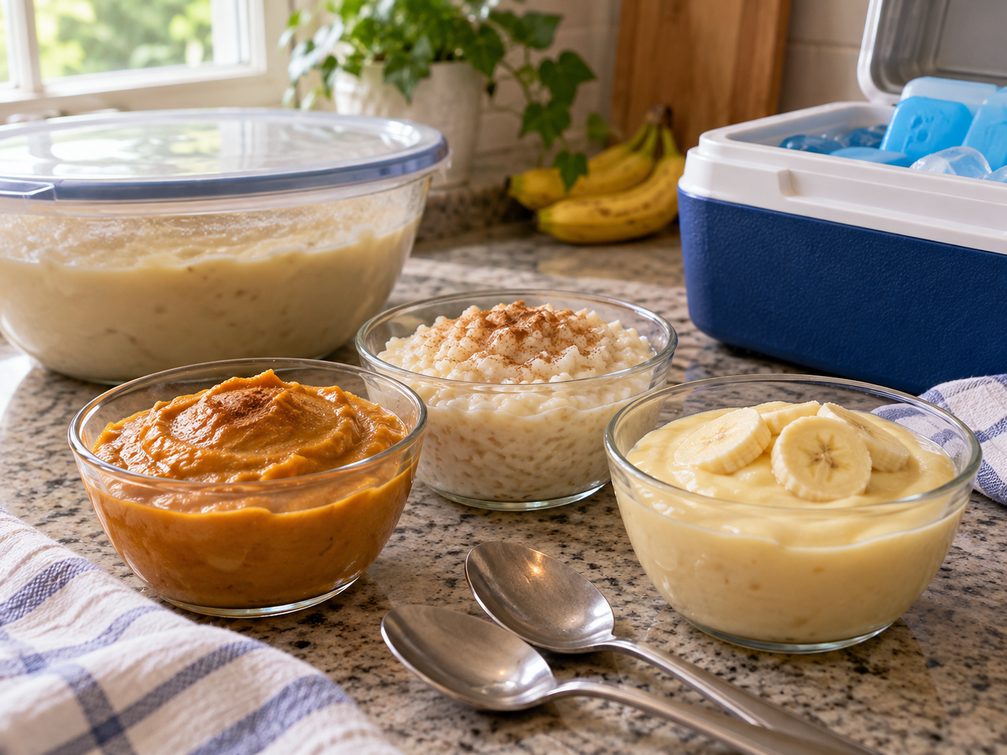 Small bowls of pumpkin pudding, cinnamon rice pudding and banana pudding beside covered containers and a cooler