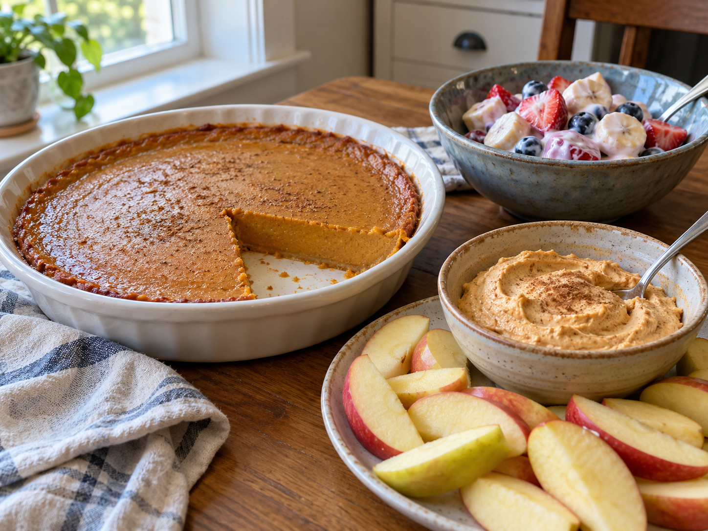 Crustless pumpkin pie with a slice removed beside pumpkin fruit dip, apple slices and yogurt fruit salad