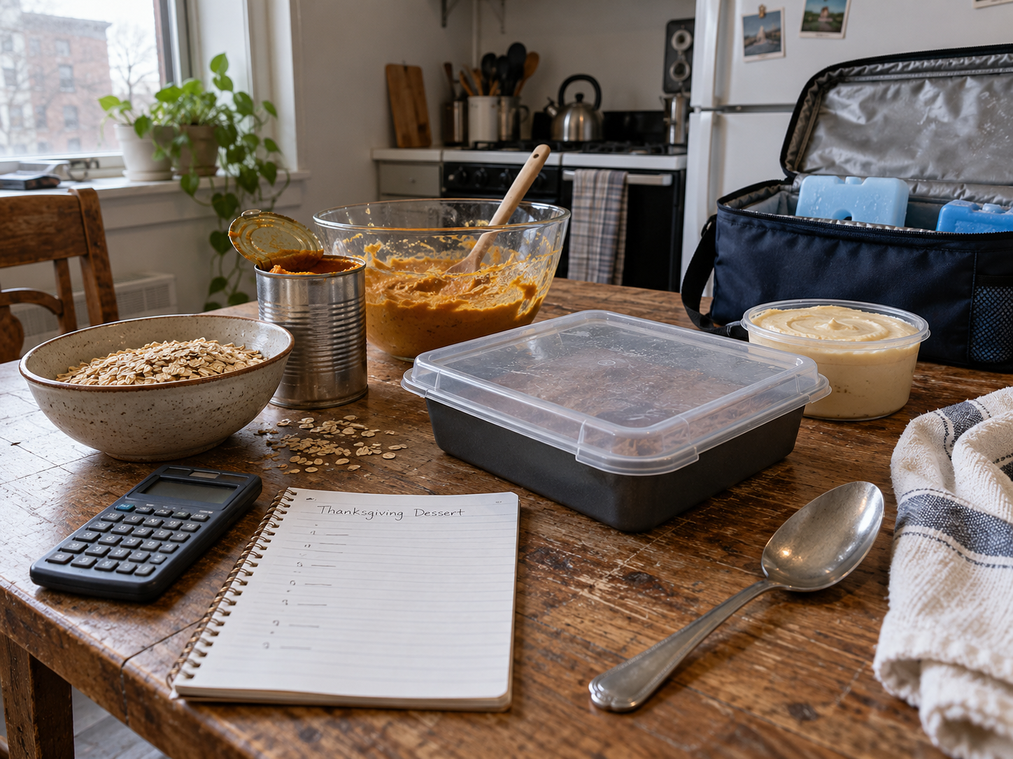 Calculator and ingredient list beside covered dessert containers, canned pumpkin, oats and a cooler with ice packs