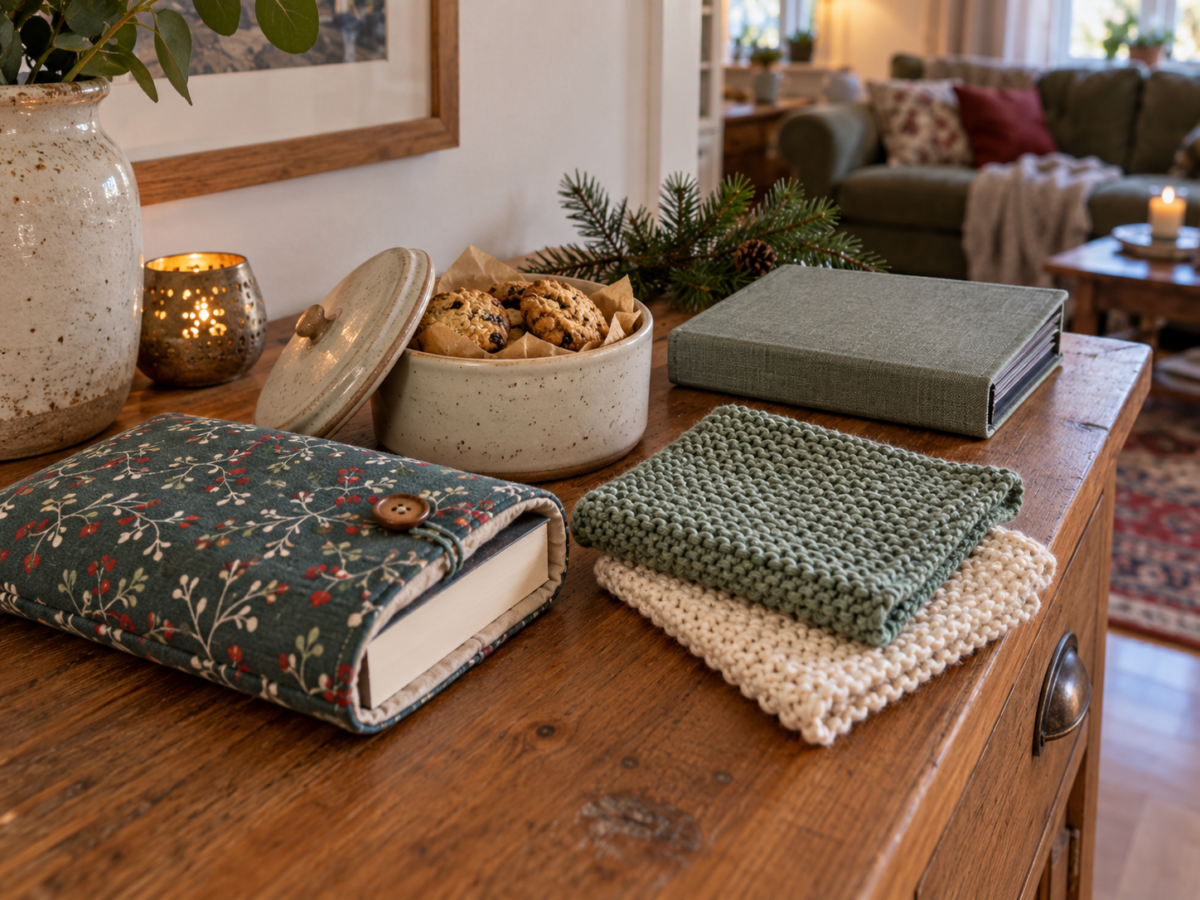 Useful homemade Christmas gifts including cookies, dishcloths and a book sleeve