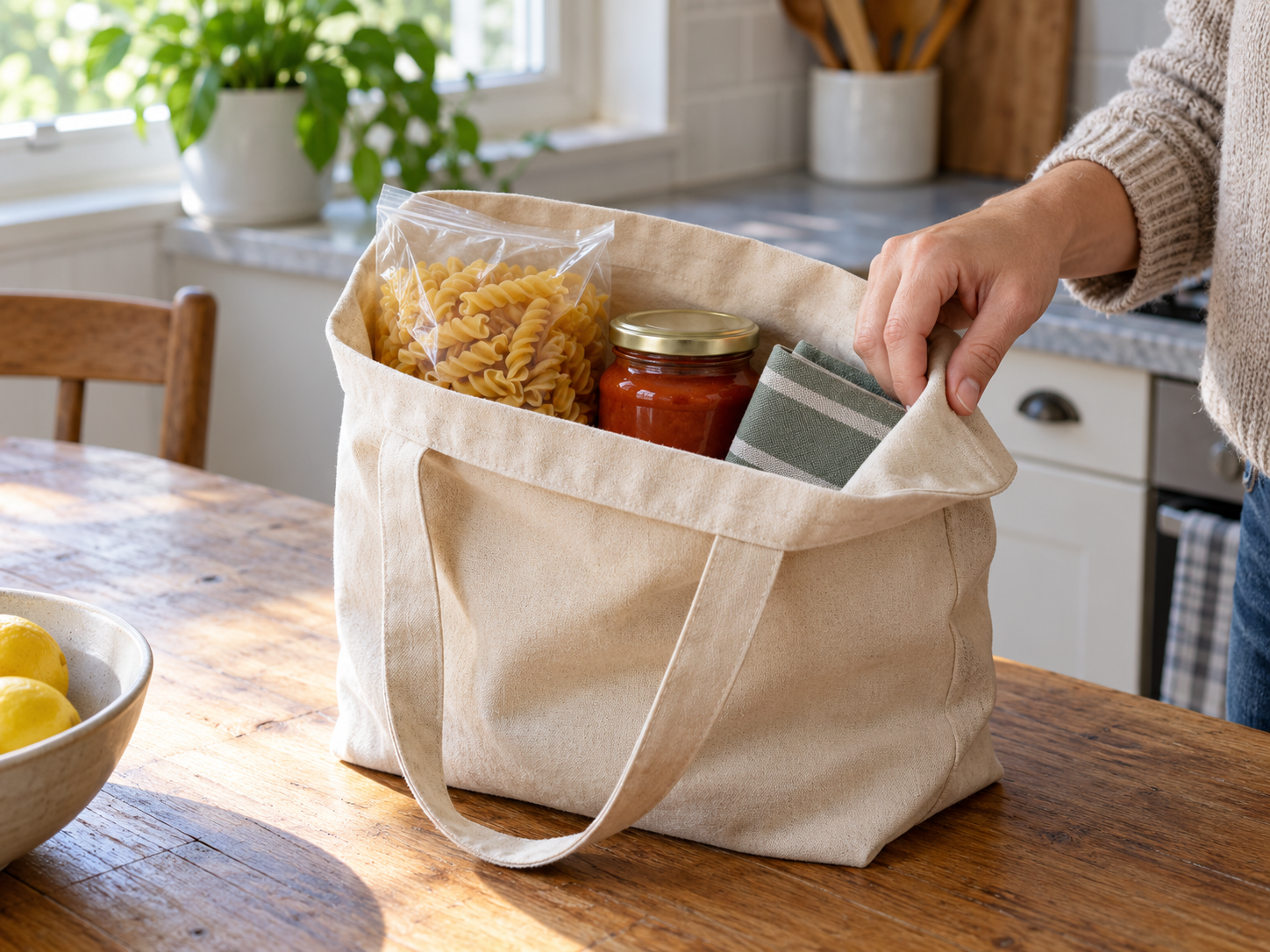 Reusable tote holding a practical pasta dinner gift