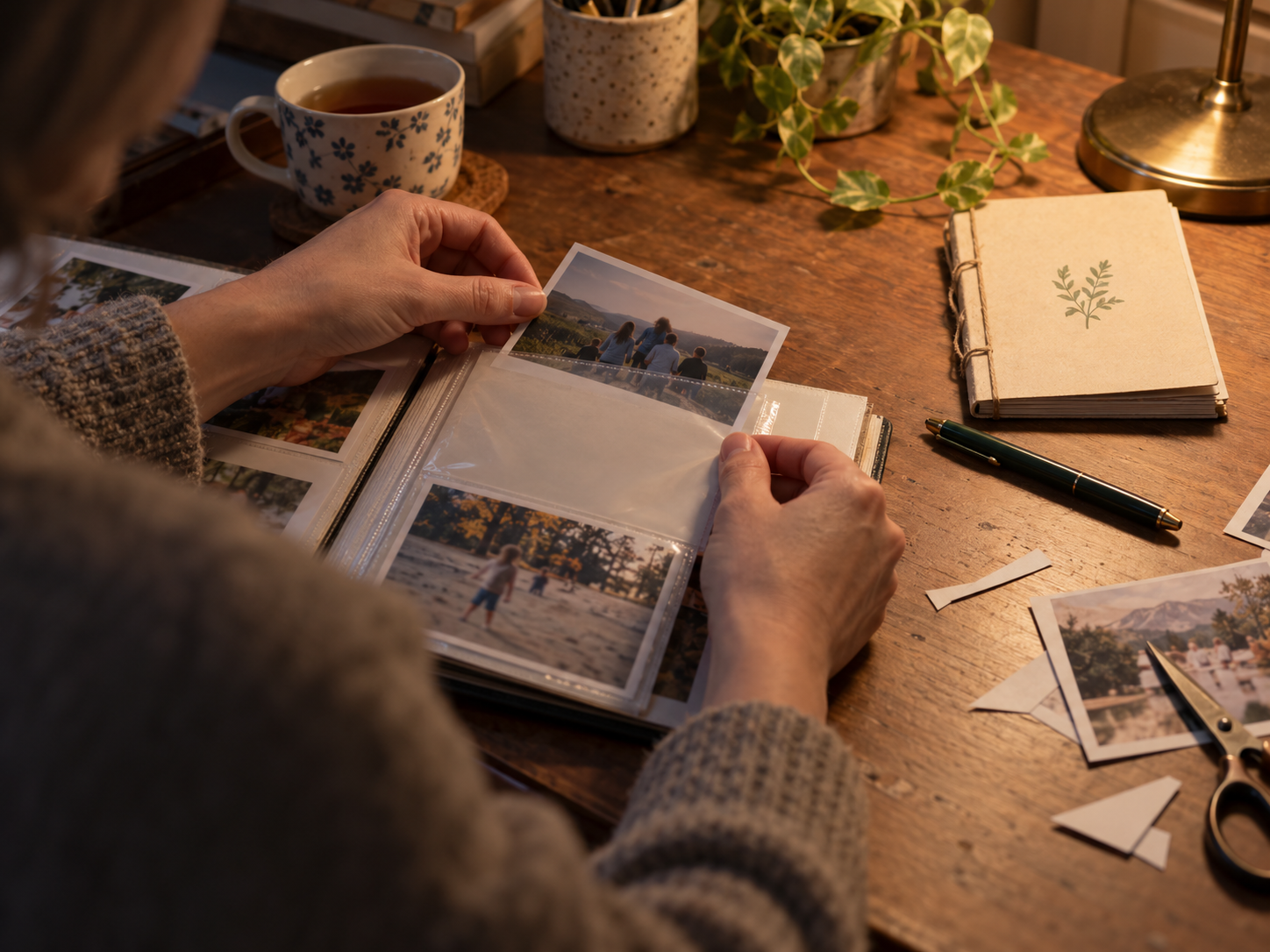 Hands assembling a small personal photo album