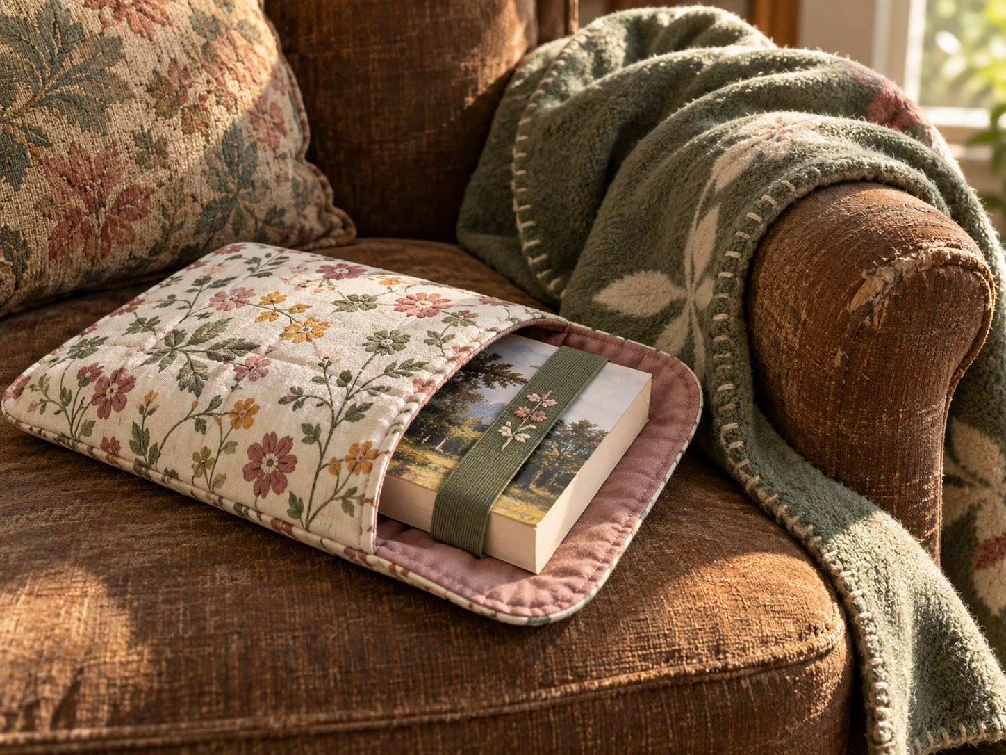 Handmade padded book sleeve and bookmark beside a fleece lap blanket