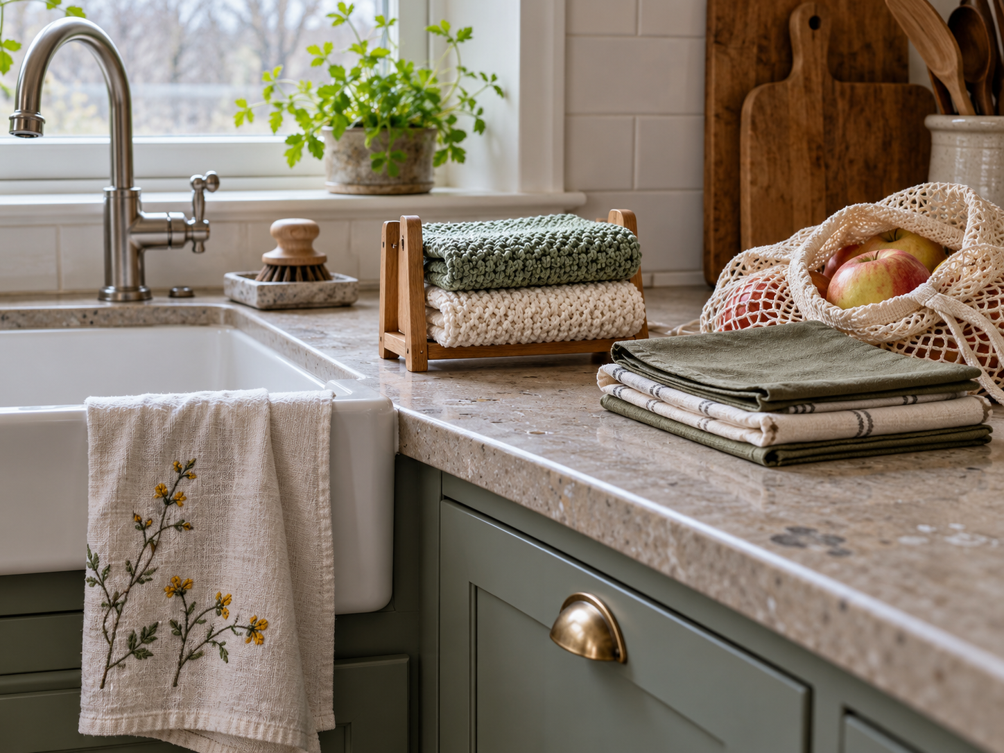 Handmade dishcloths, tea towel and reusable produce bag in a kitchen