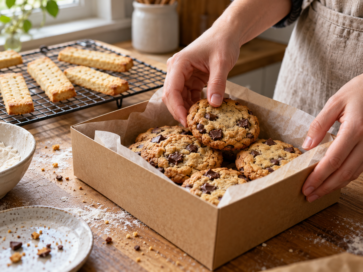Homemade cookies being arranged in a parchment-lined gift box