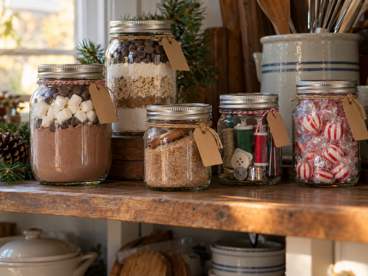 Five different mason jar Christmas gifts on a kitchen shelf