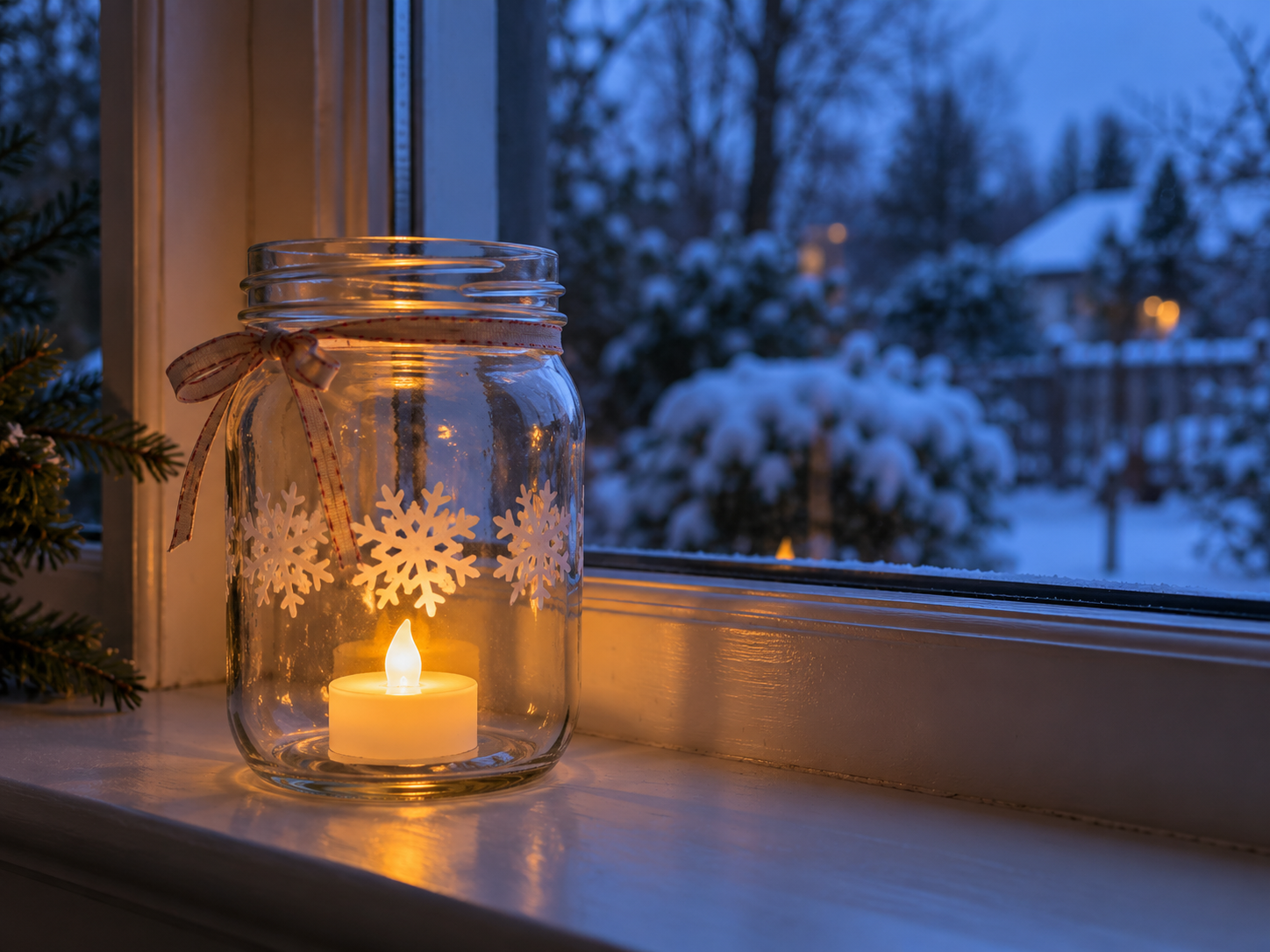 Mason jar winter lantern lit by a battery-operated LED tealight
