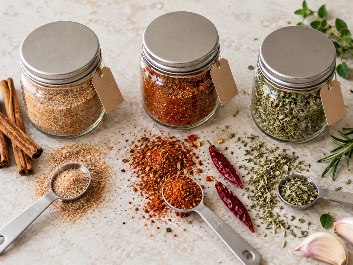 Small jars of cinnamon sugar, taco seasoning and dried herbs