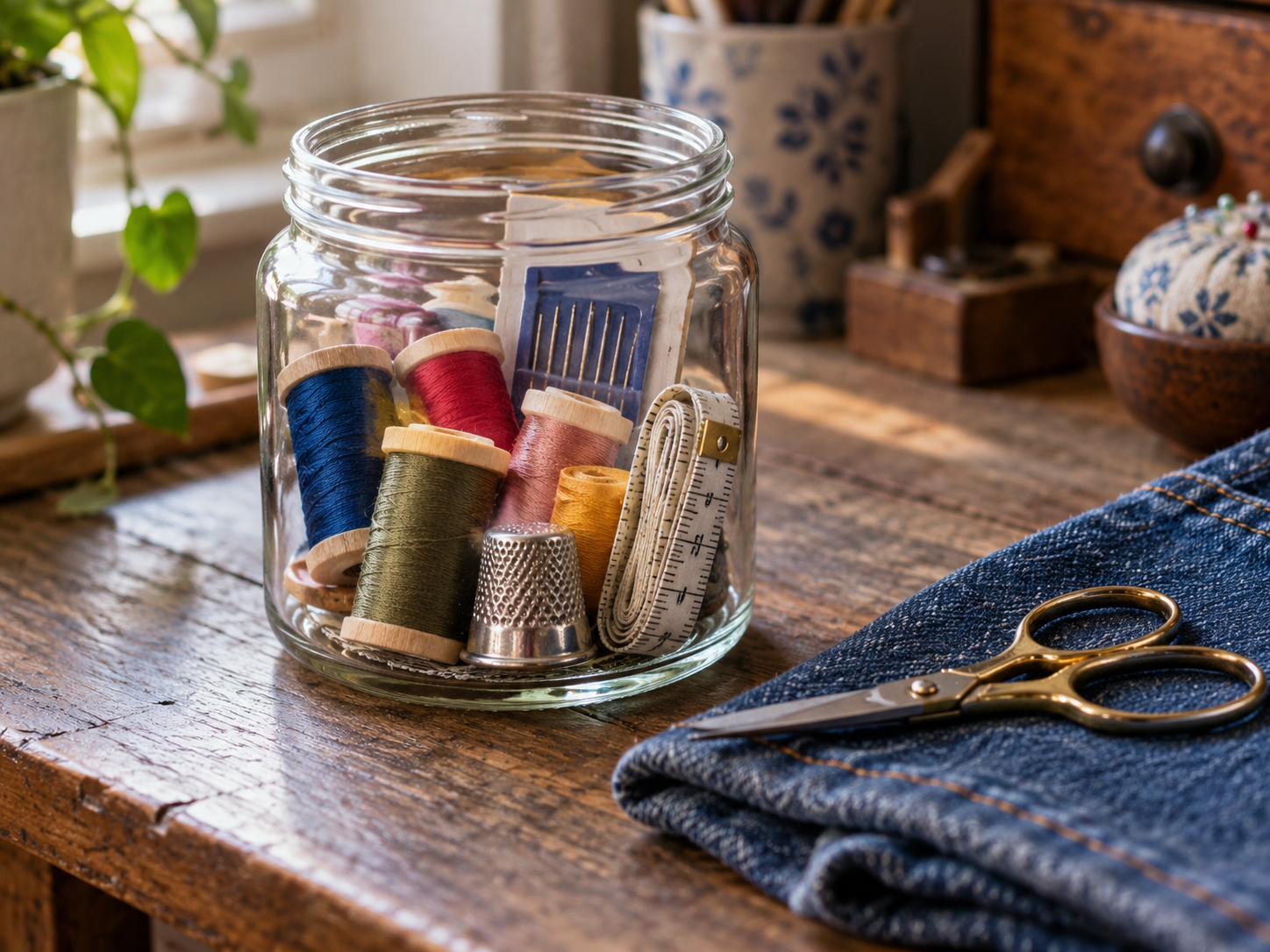 Compact sewing-repair kit packed in a glass jar