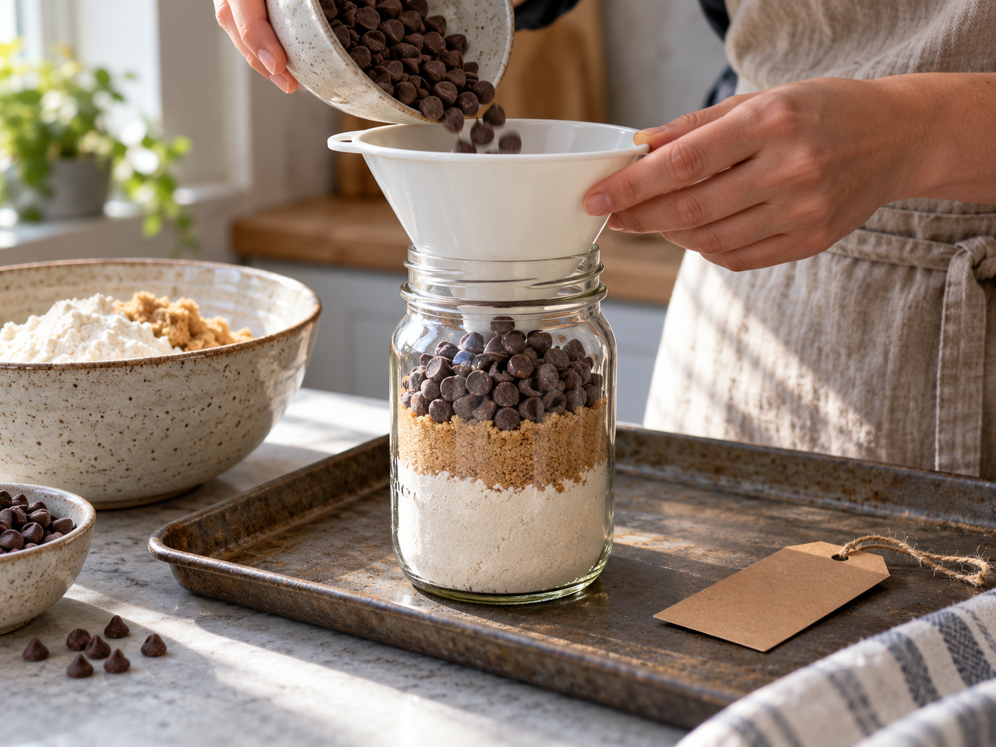 Filling a pint jar with layered dry cookie ingredients