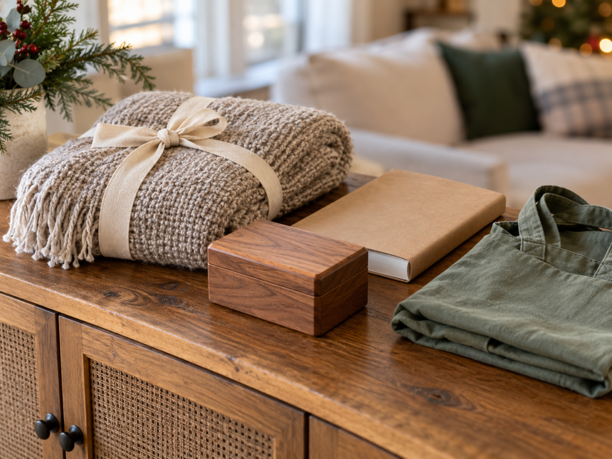 Affordable Christmas presents including a throw, book and wooden jewelry box