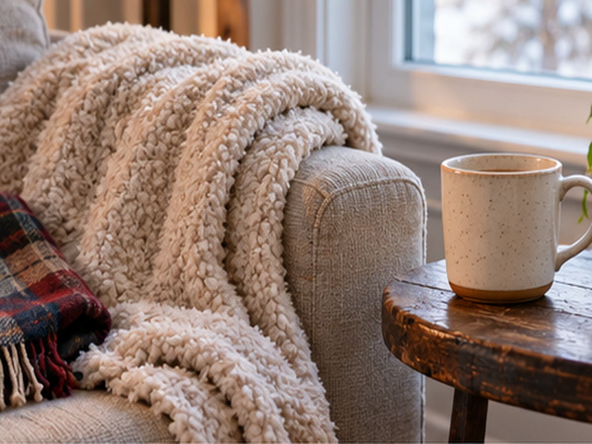 Cozy throw, plaid scarf and stoneware mug beside a sofa
