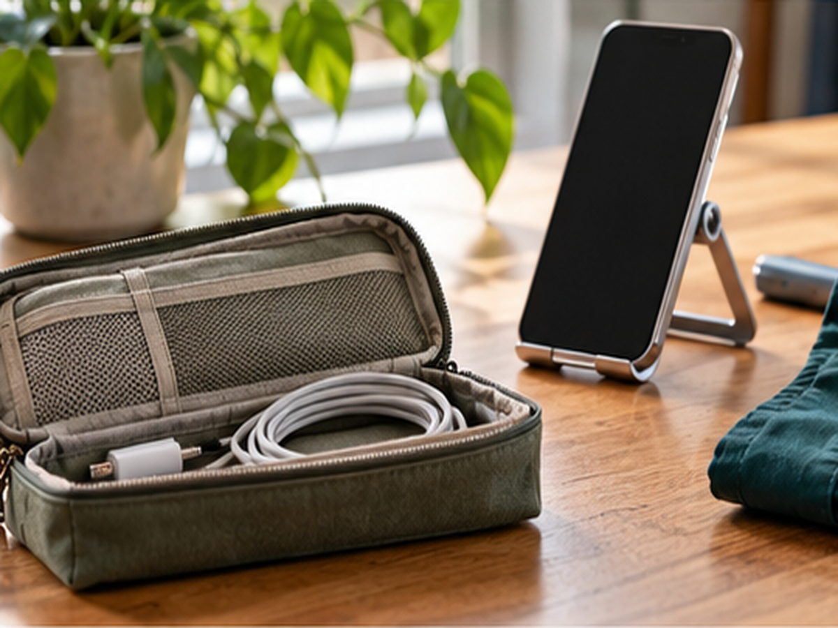 Compact cable pouch and folding phone stand on a desk