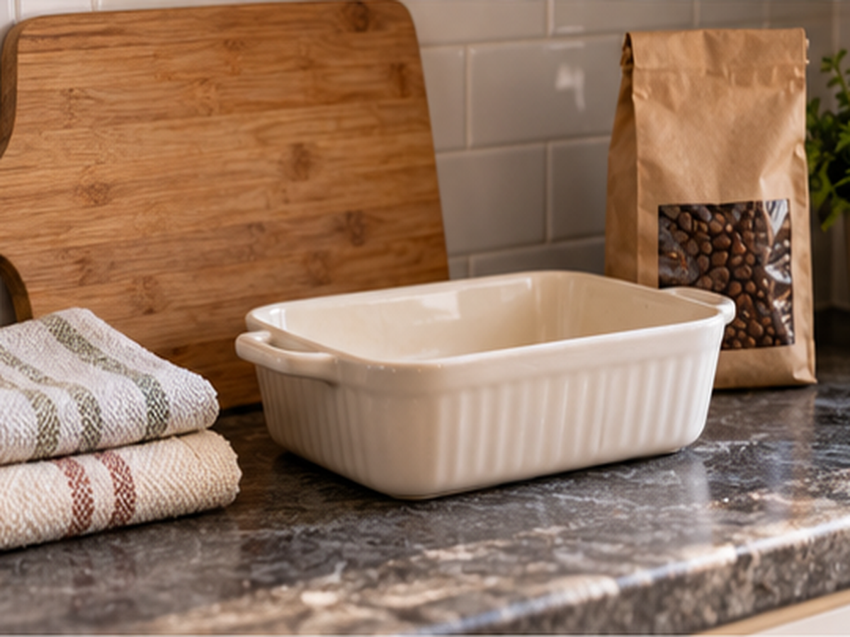 Small serving board, cotton kitchen towels and ceramic baking dish