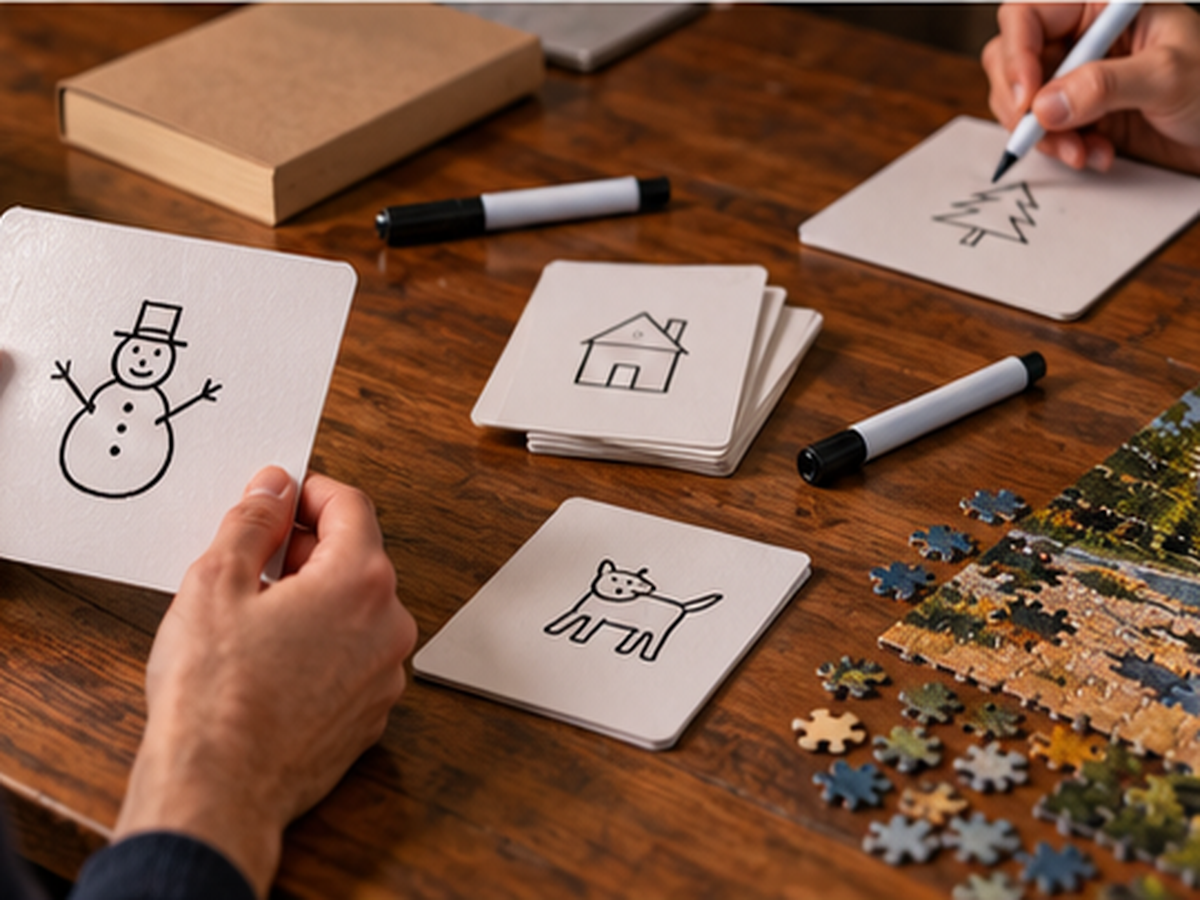 Simple drawing game, paperback and landscape jigsaw puzzle