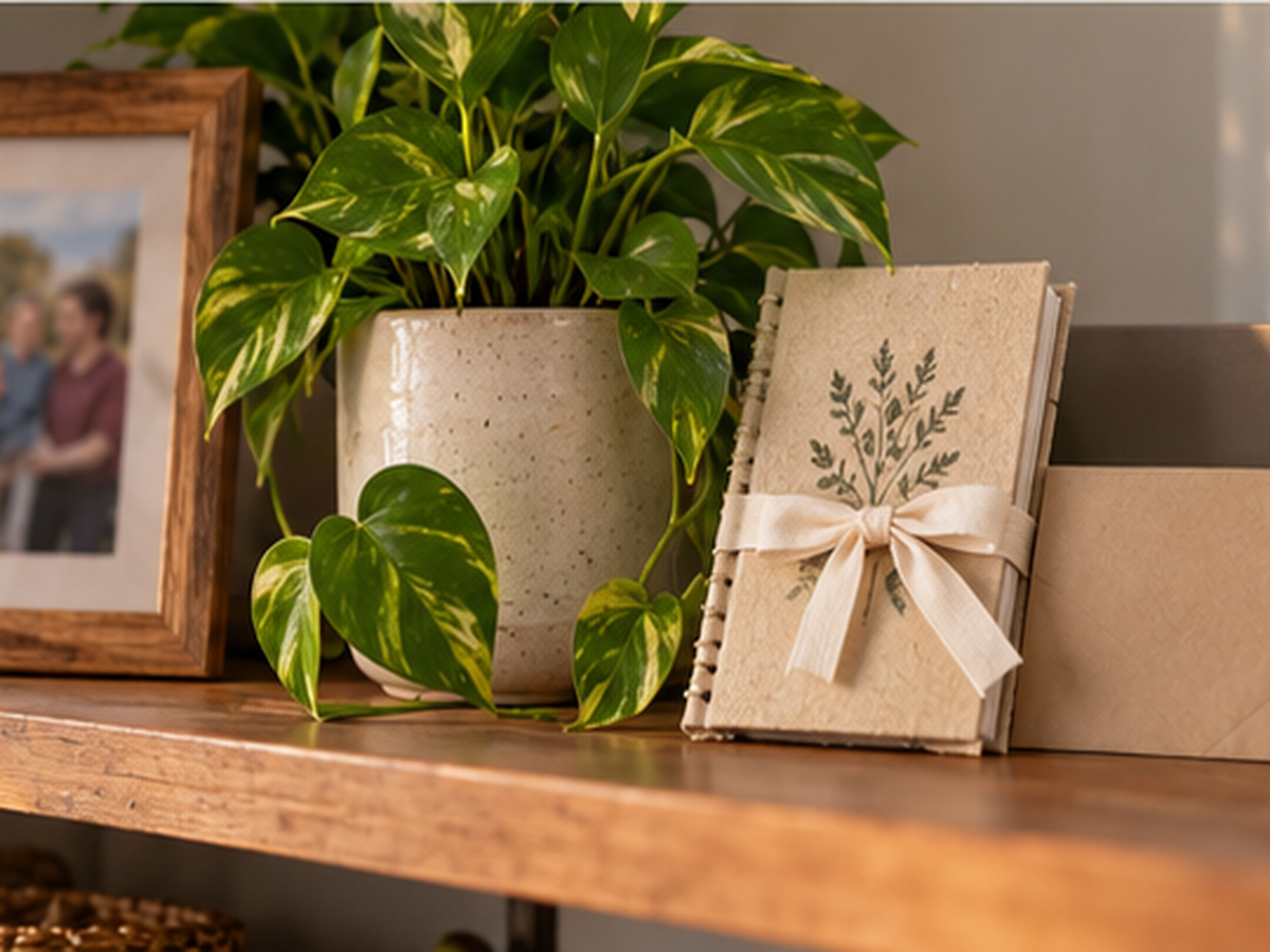 Simple photo frame, small plant and family recipe booklet