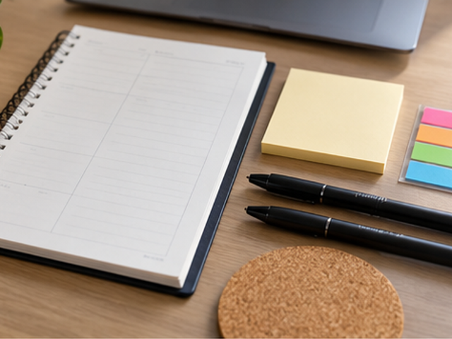 Useful desk stationery and a cork coaster for coworker gifts