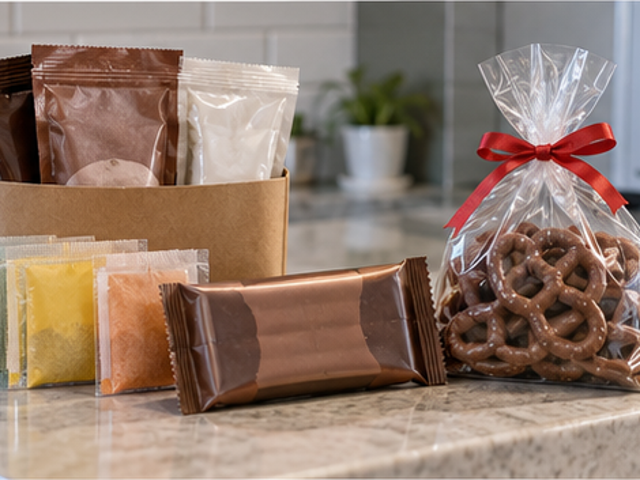 Small sealed tea, cocoa, chocolate and pretzel gifts