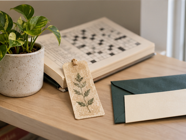 Small plant, puzzle book, bookmark and gift-card envelope