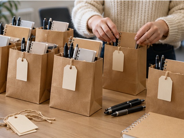 Packing eight simple notebook-and-pen gifts for a team