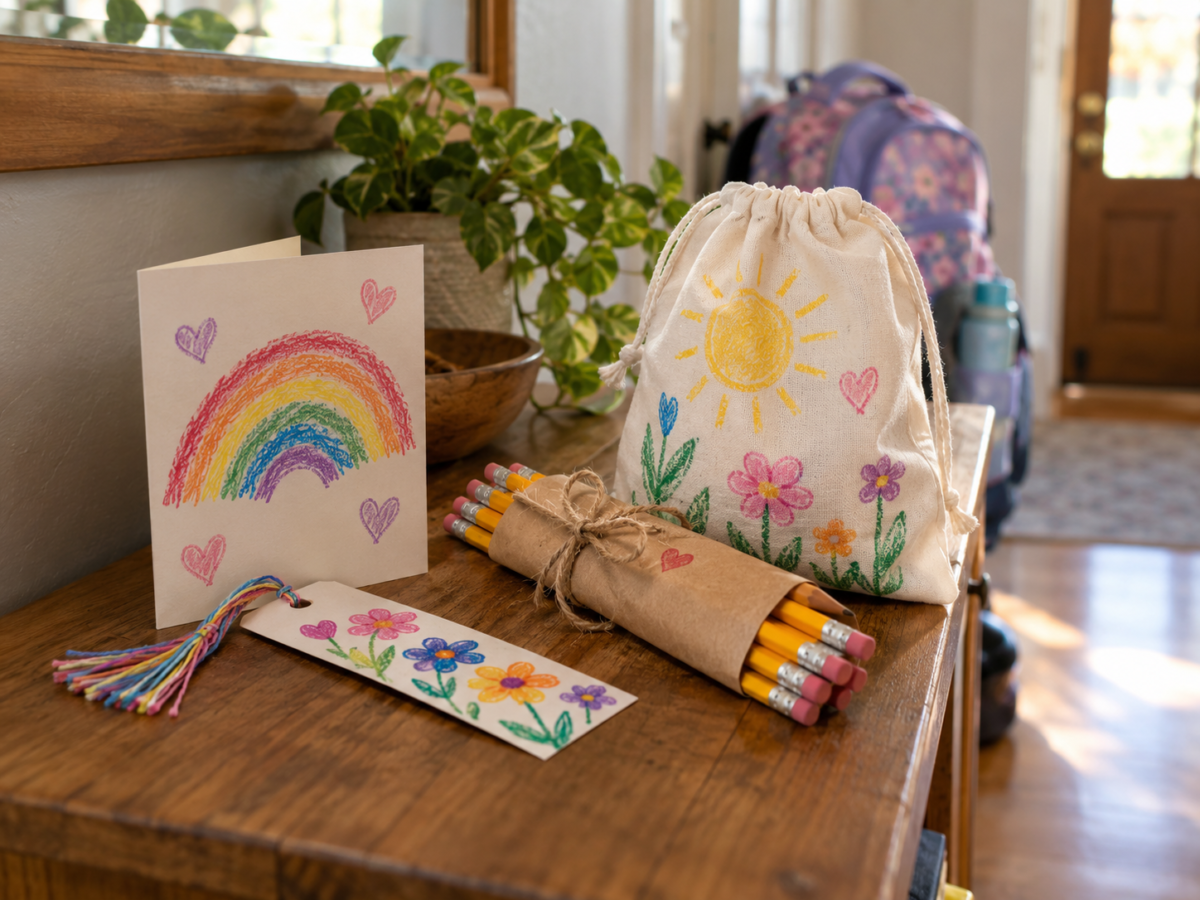 Handmade teacher card, bookmark, pencil bundle and decorated cotton bag