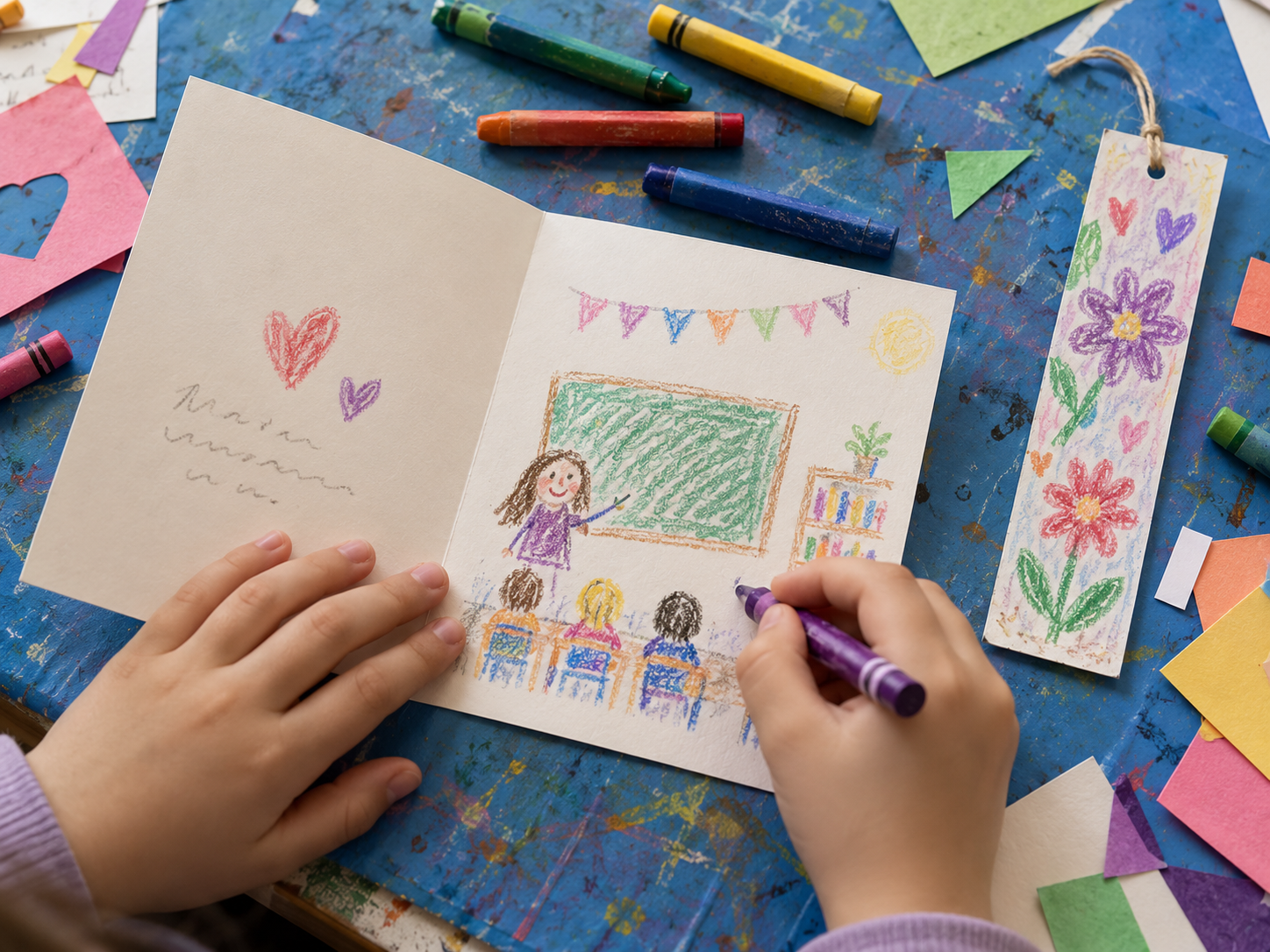 Child drawing a thank-you card beside a handmade bookmark