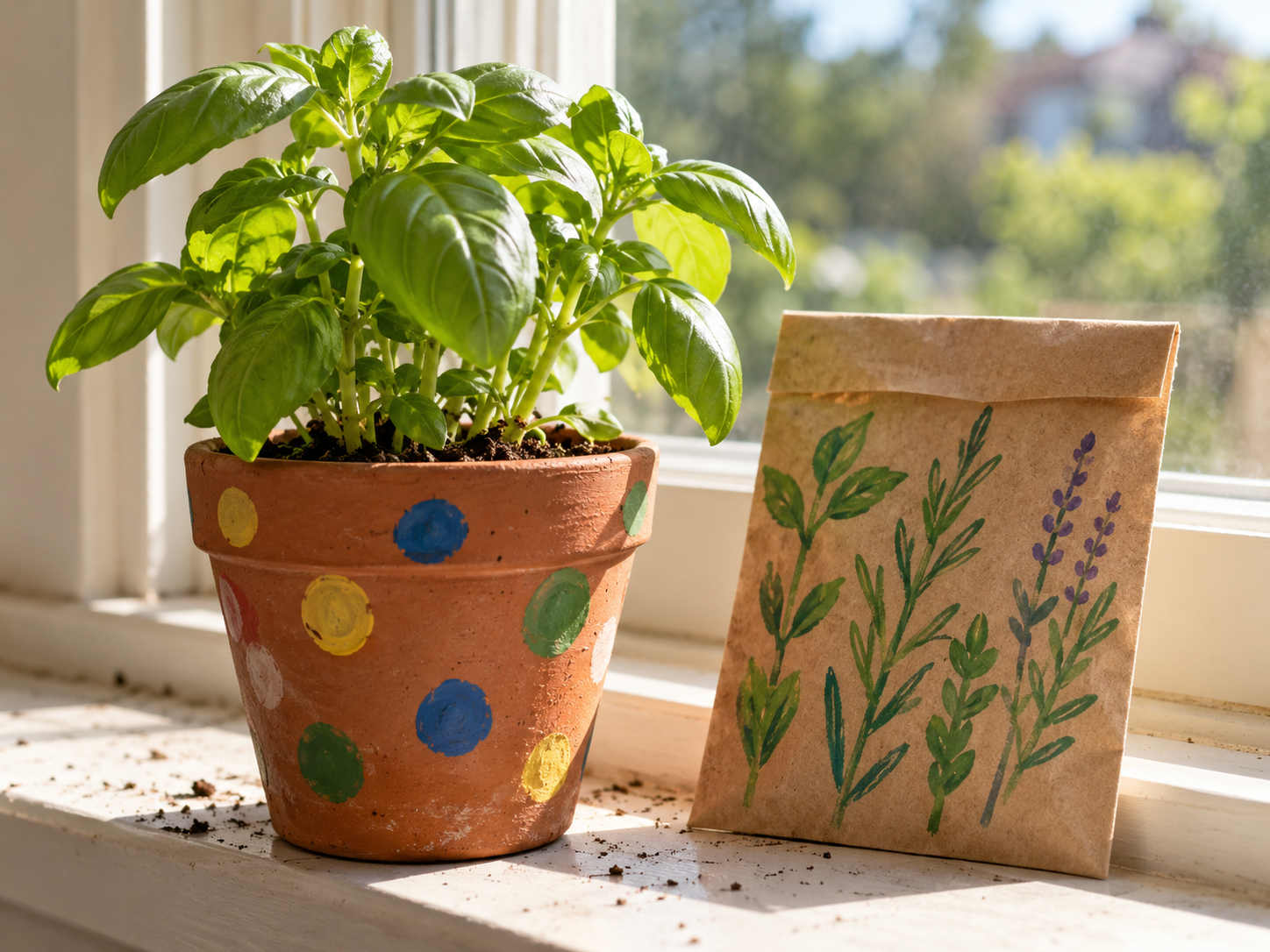 Small painted plant pot beside a child-decorated seed packet sleeve
