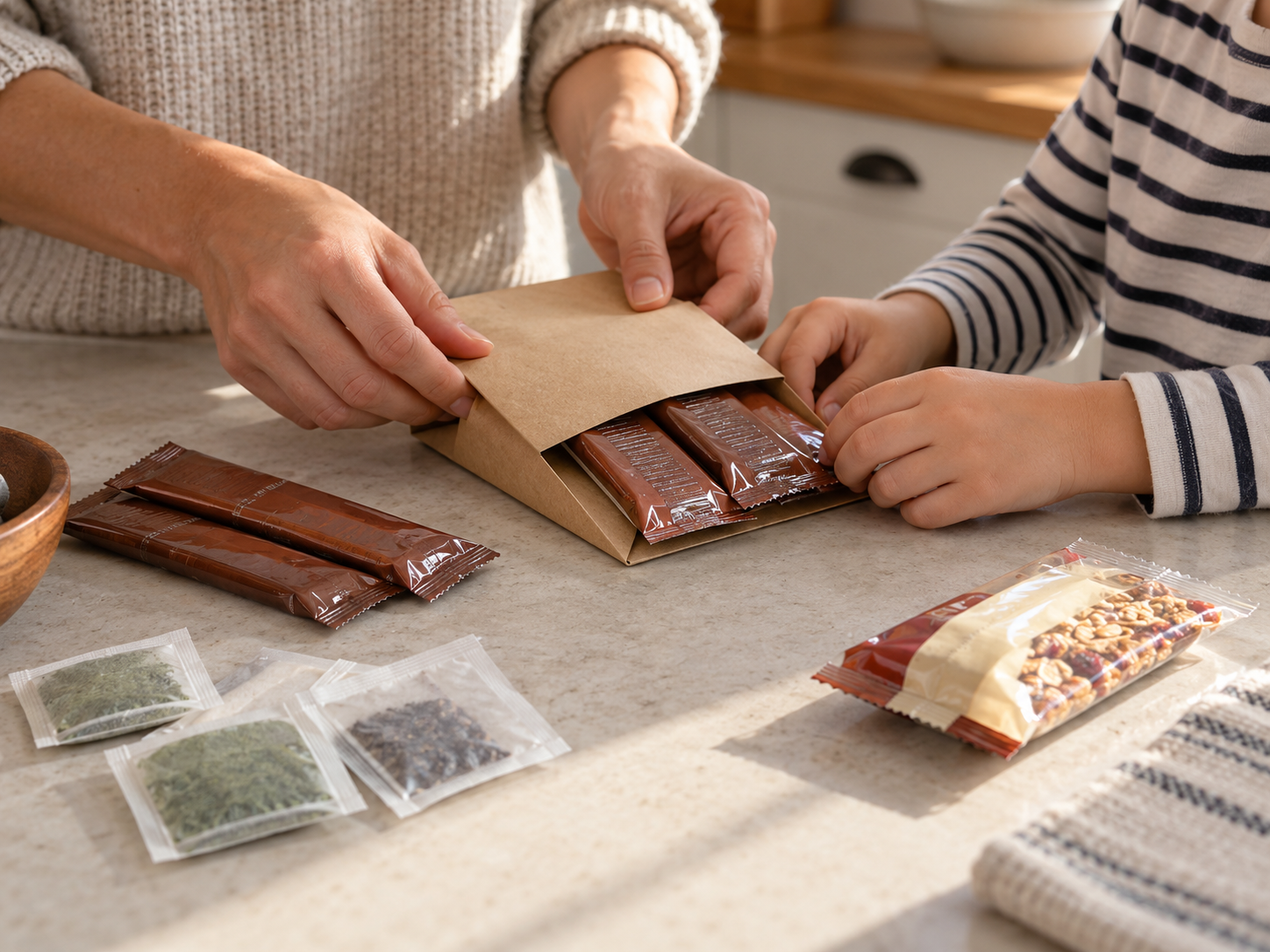Wrapping sealed cocoa sachets and tea bags in simple paper sleeves
